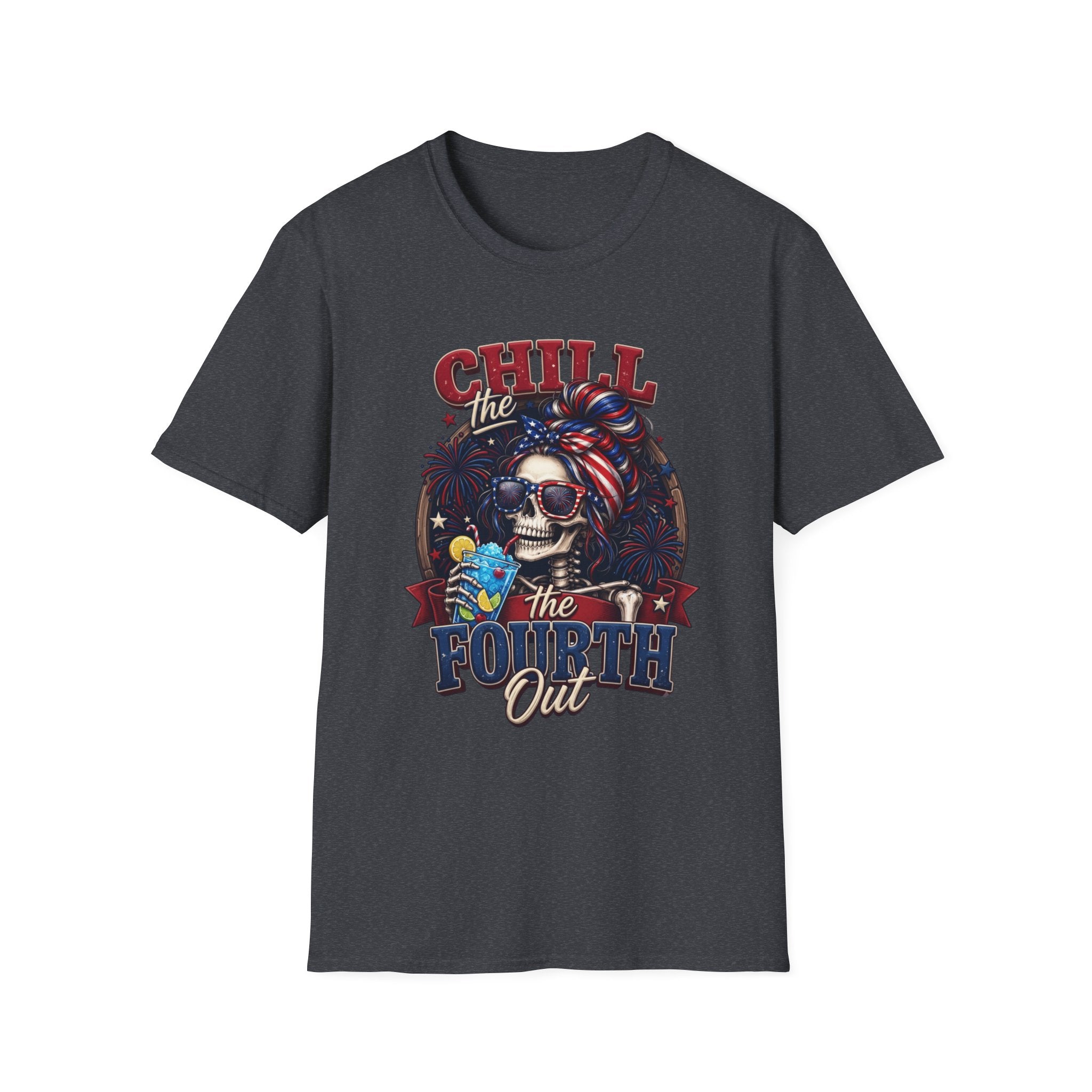 Chill the Fourth Out Patriotic Skeleton 4th of July print on the front of a Dark Heather Grey t-shirt, laid flat on white