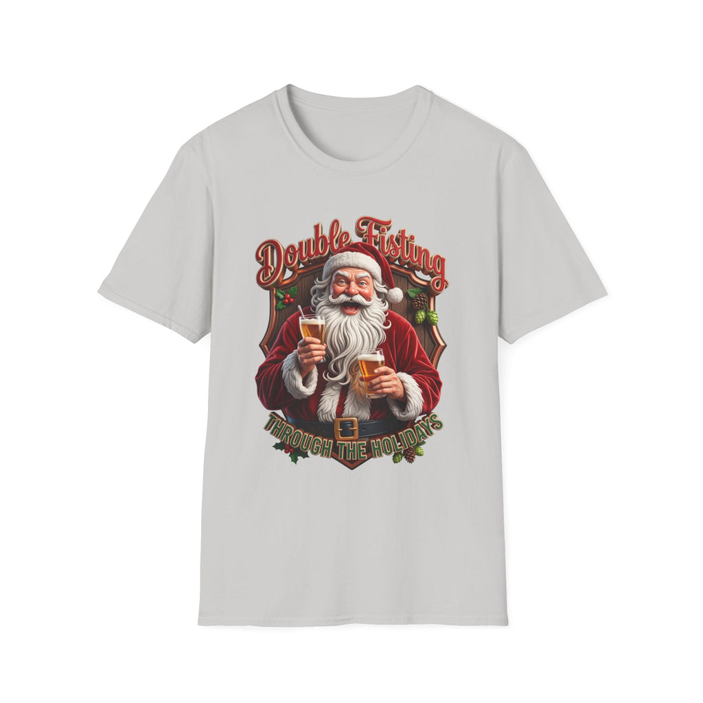 Santa Beer in Each Hand Funny print on the front of an Ice Grey t-shirt, laid flat on white