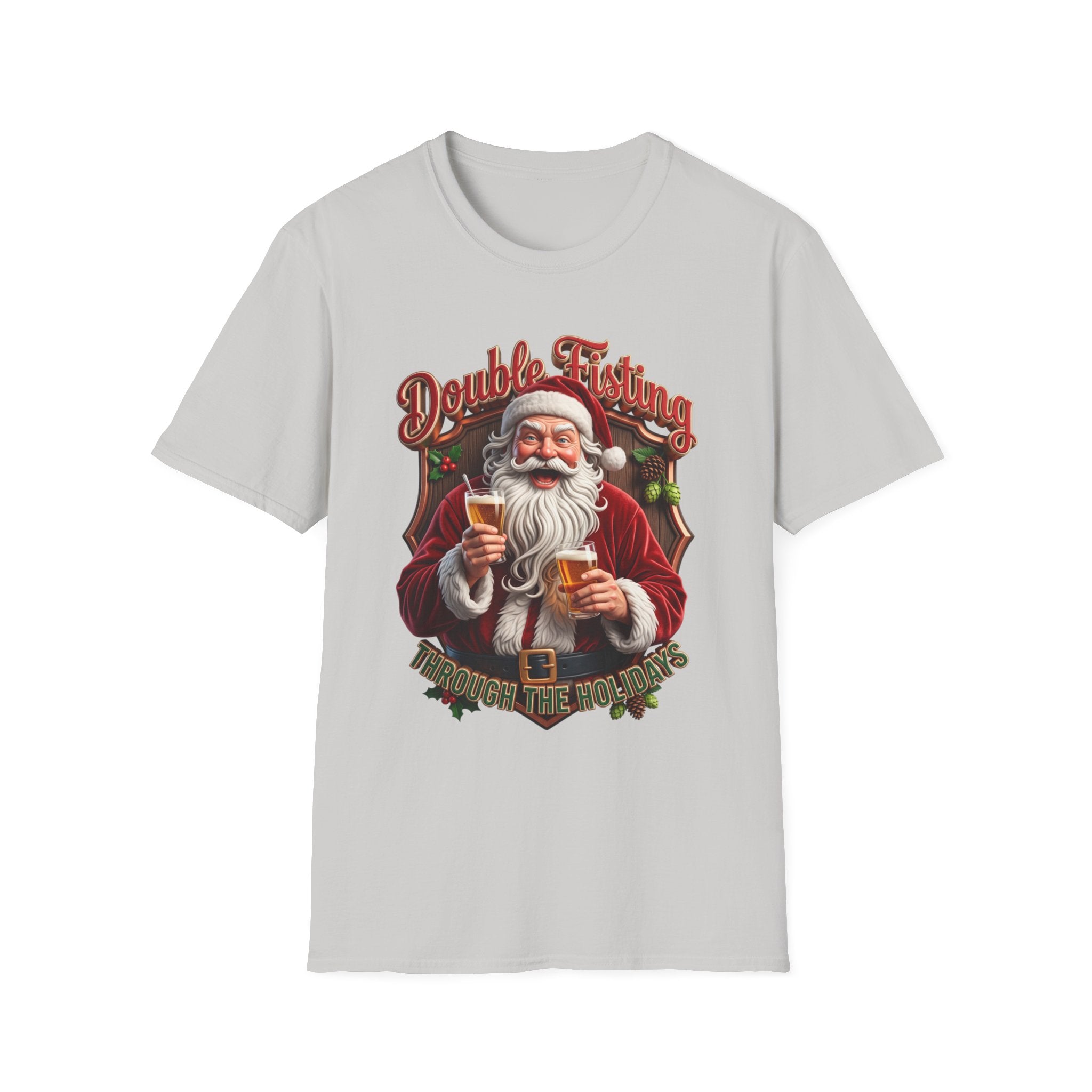 Santa Beer in Each Hand Funny print on the front of an Ice Grey t-shirt, laid flat on white