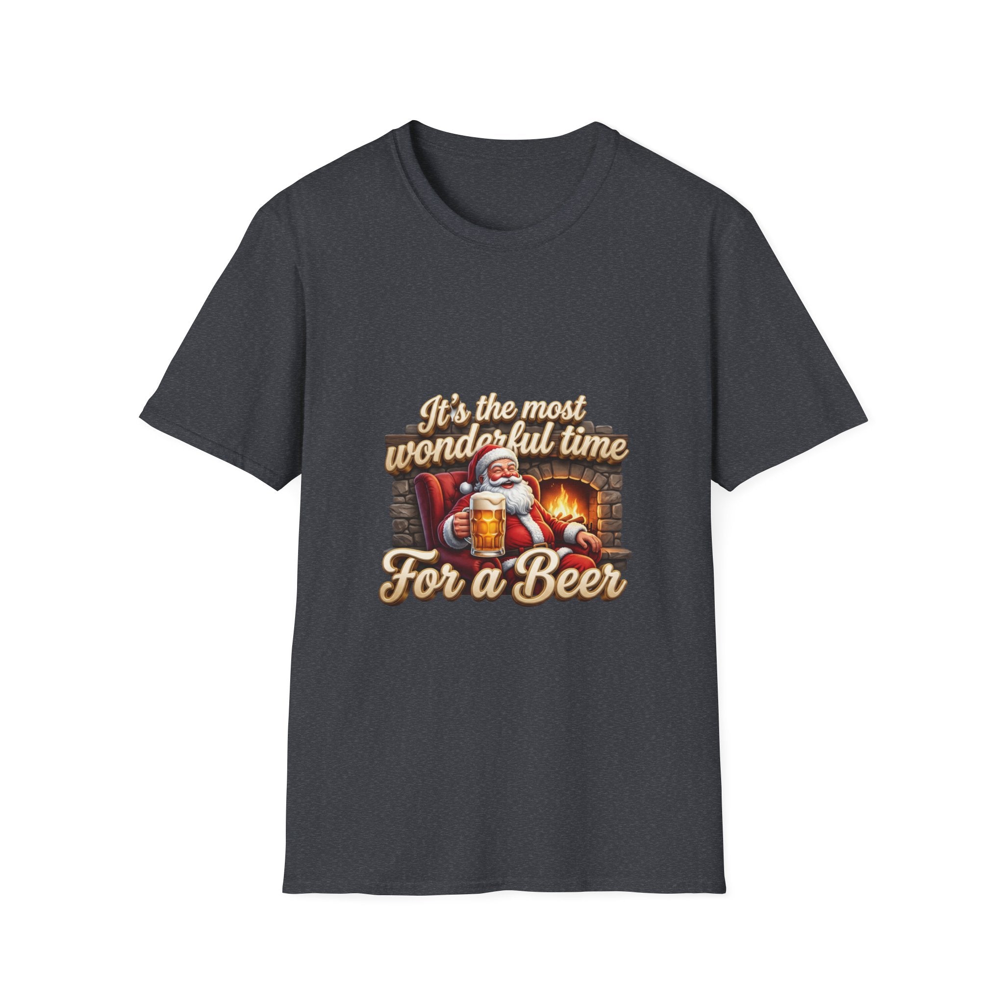 Most Wonderful Time for a Beer Santa print on the front of a Dark Heather Grey t-shirt, laid flat on white
