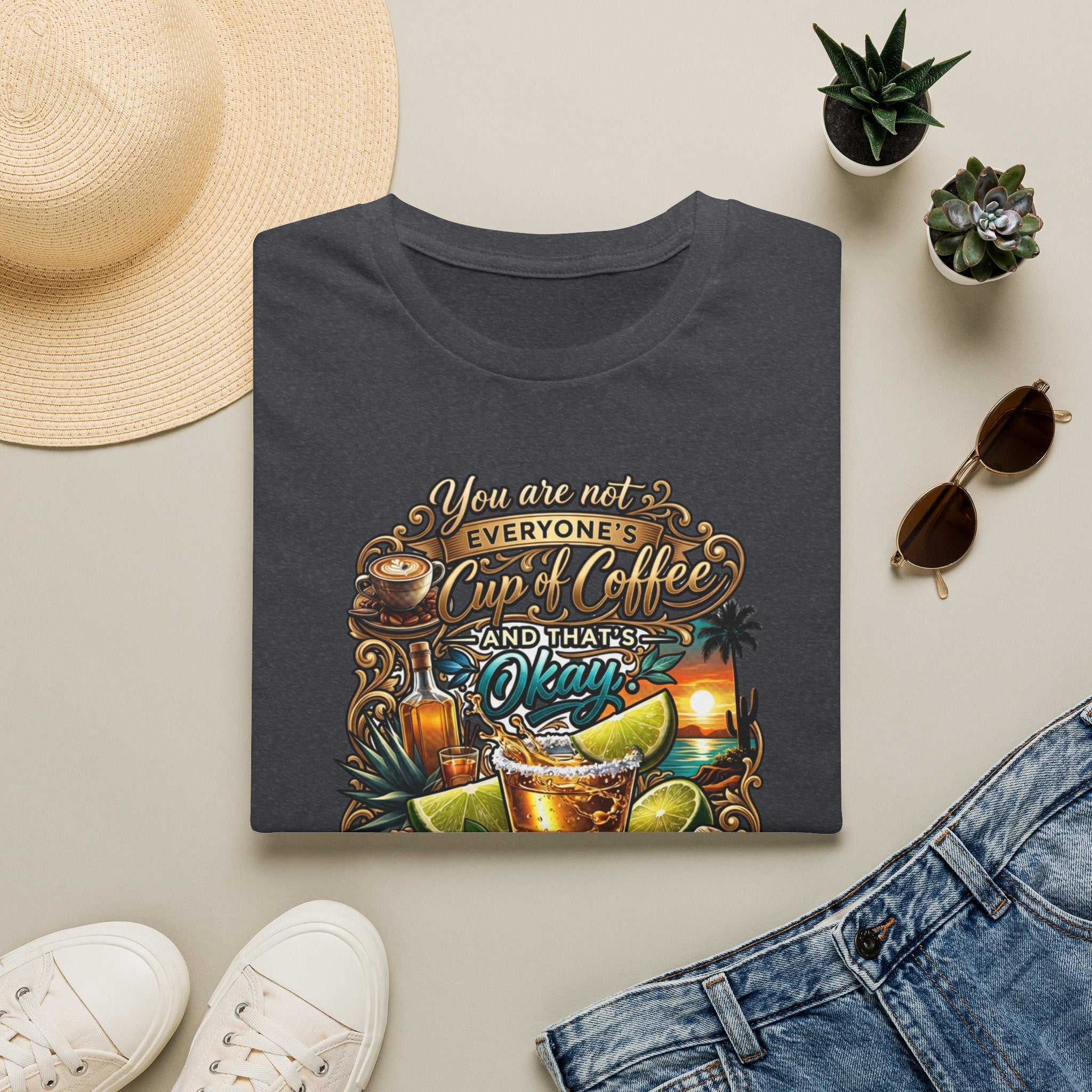 Not Everyone's Cup of Coffee You're Tequila print on a Dark Heather Grey t-shirt, folded beside a straw hat and jeans
