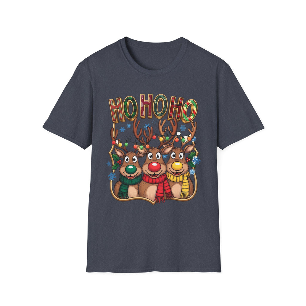 Reindeer Trio Ho Ho Ho Christmas Lights print on the front of a Heather Navy t-shirt, laid flat on white