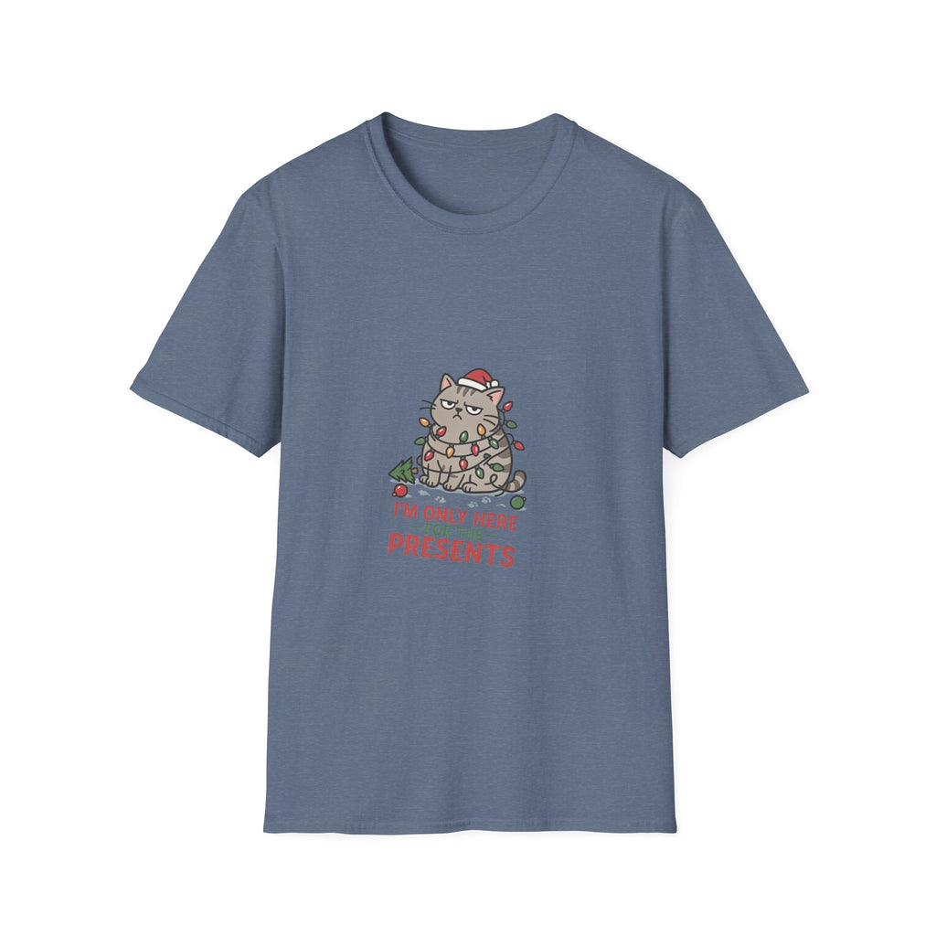 Funny Cat I'm Only Here for the Presents print on the front of a Heather Indigo t-shirt, laid flat on white