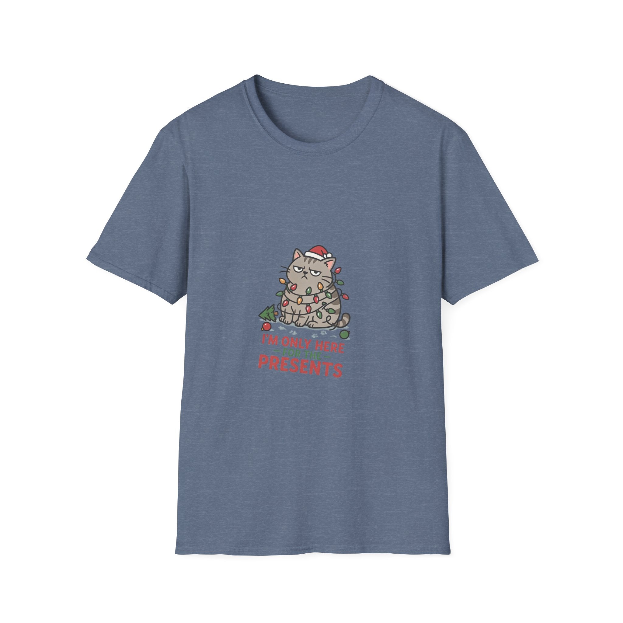 Funny Cat I'm Only Here for the Presents print on the front of a Heather Indigo t-shirt, laid flat on white