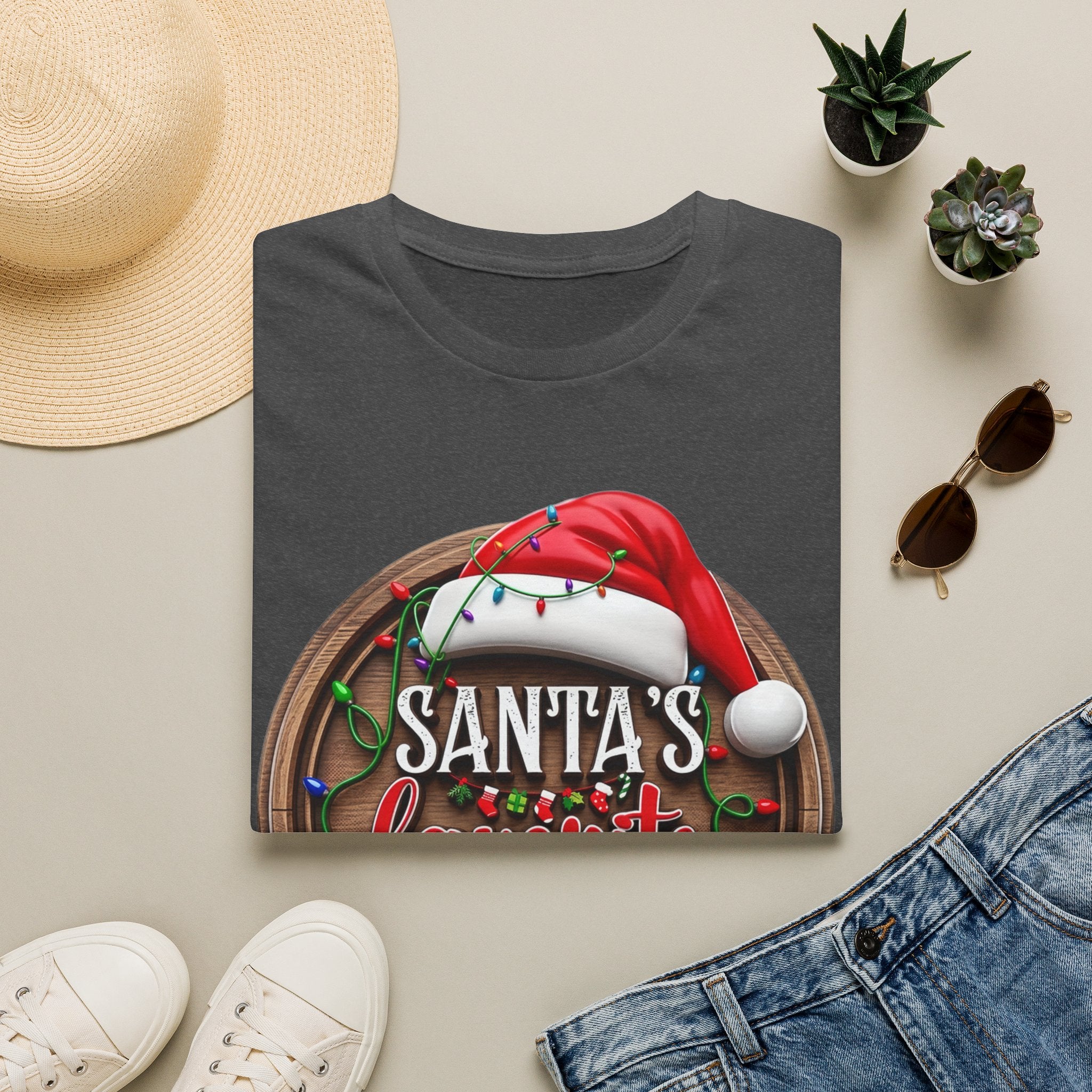 Santa's Favorite Office Staff print on a Dark Heather t-shirt, folded beside a straw hat and jeans