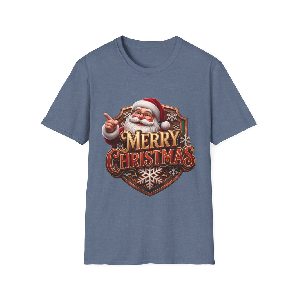Vintage Santa Merry Christmas Badge print on the front of a Heather Indigo t-shirt, laid flat on white