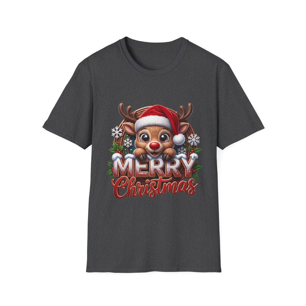 Cute Red-Nosed Reindeer print on the front of a Dark Heather t-shirt, laid flat on white