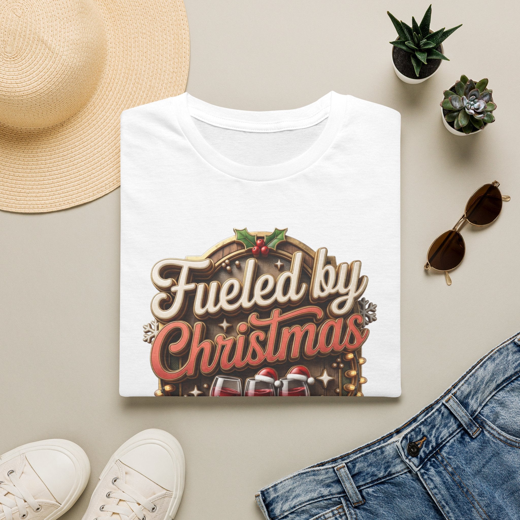 Fueled by Christmas Spirits Wine print on a White t-shirt, folded beside a straw hat and jeans