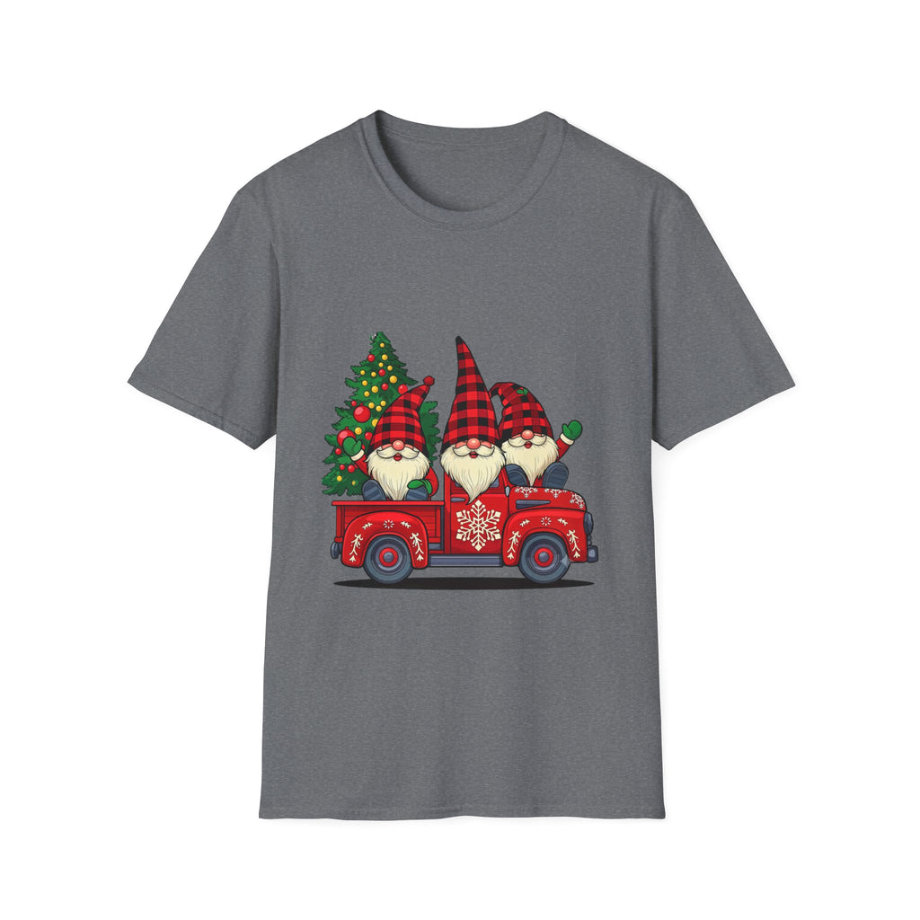 Buffalo Plaid Gnomes Red Truck print on the front of a Graphite Heather t-shirt, laid flat on white