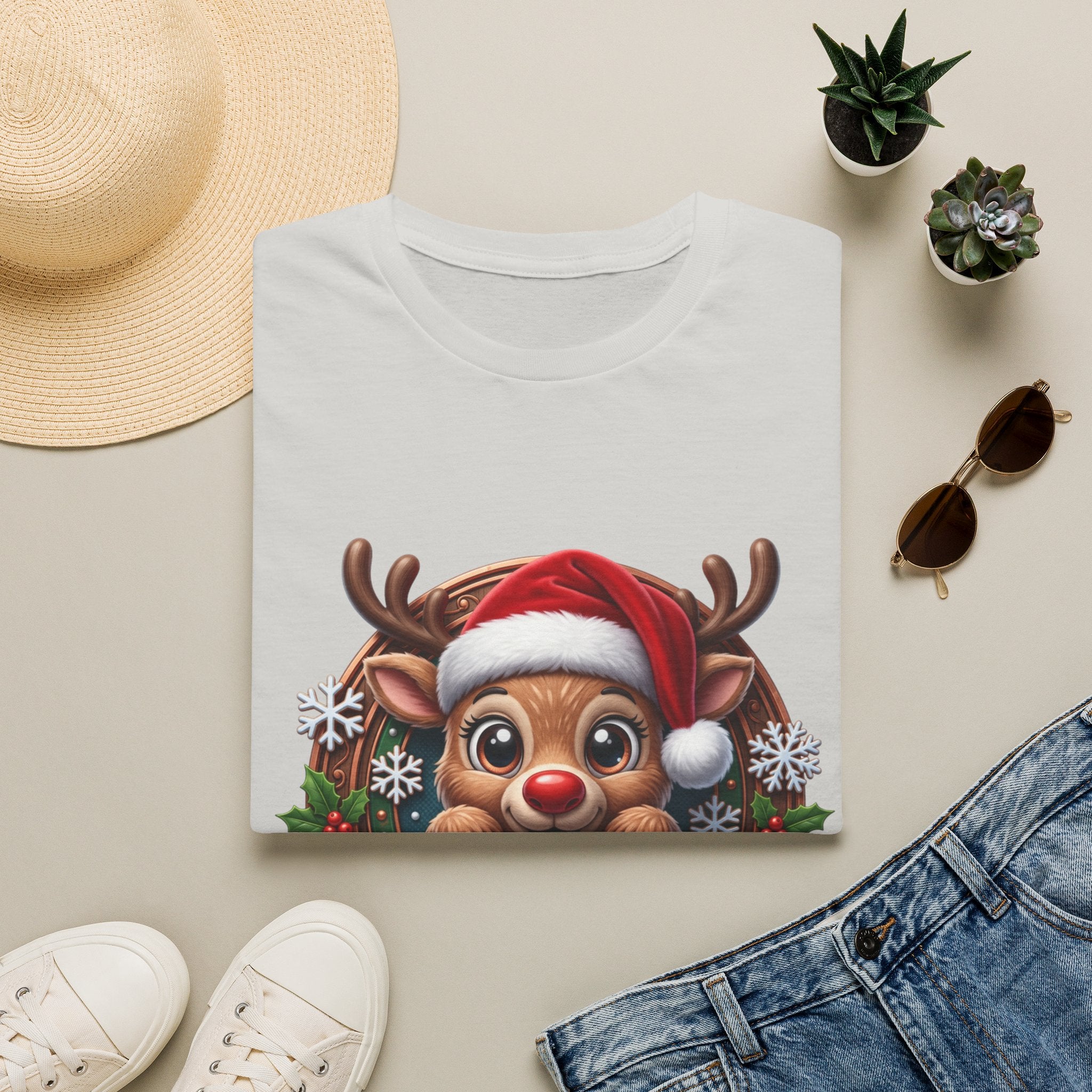 Cute Red-Nosed Reindeer print on an Ice Grey t-shirt, folded beside a straw hat and jeans