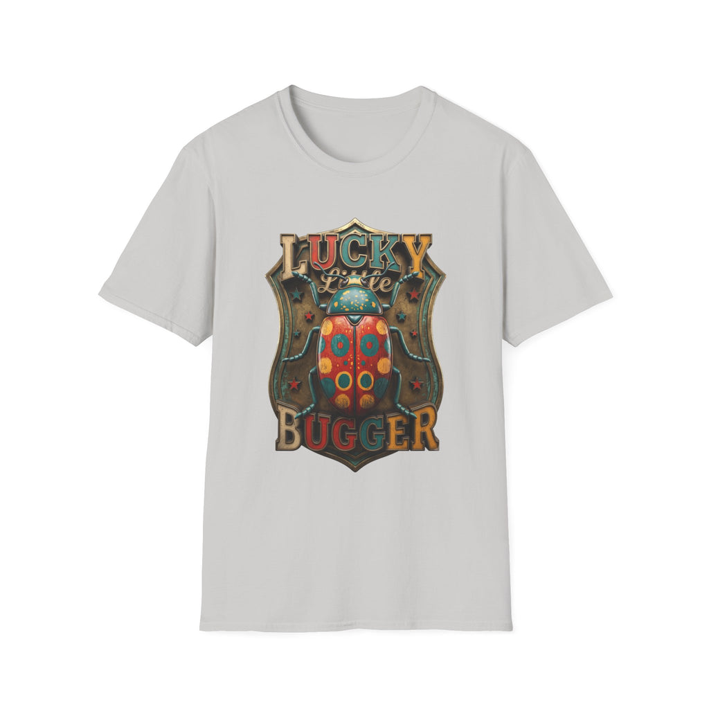 Lucky Little Bugger Vintage Beetle print on the front of an Ice Grey t-shirt, laid flat on white
