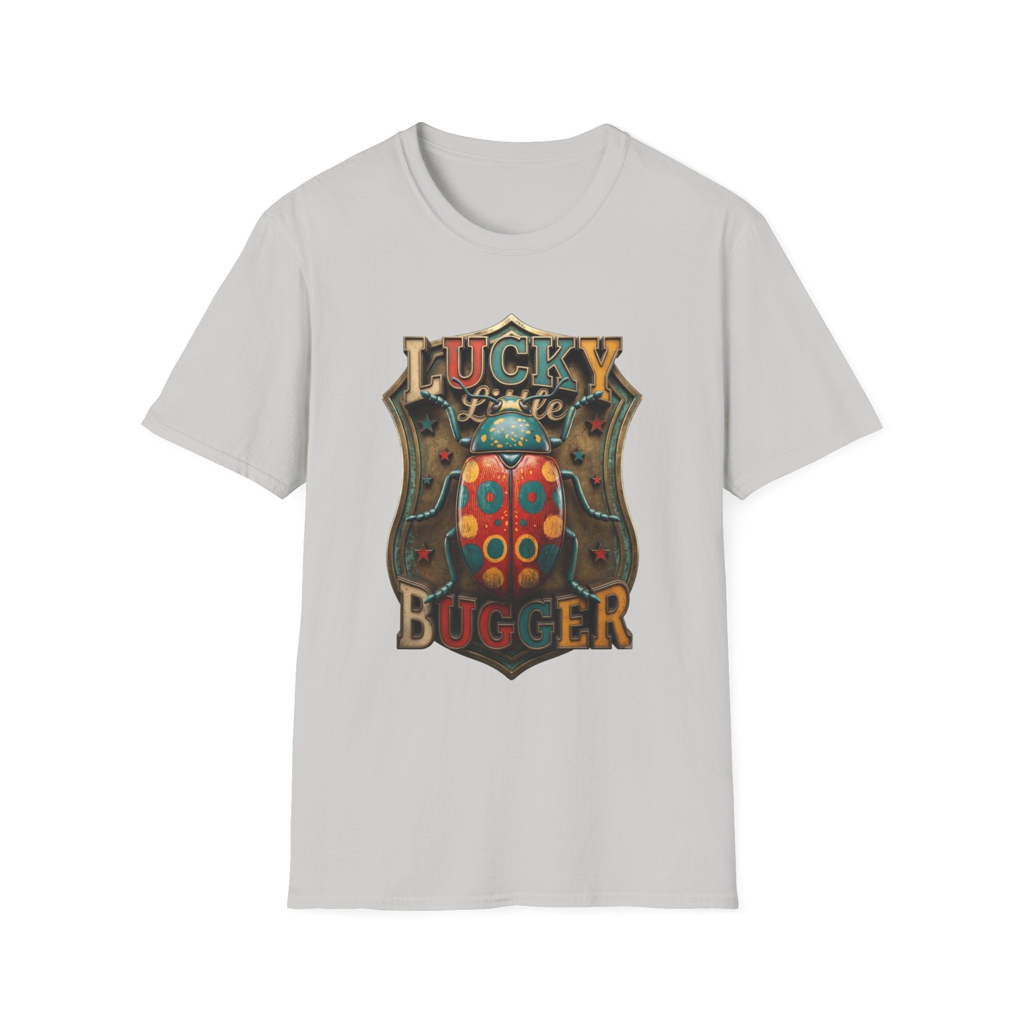 Lucky Little Bugger Vintage Beetle print on the front of an Ice Grey t-shirt, laid flat on white