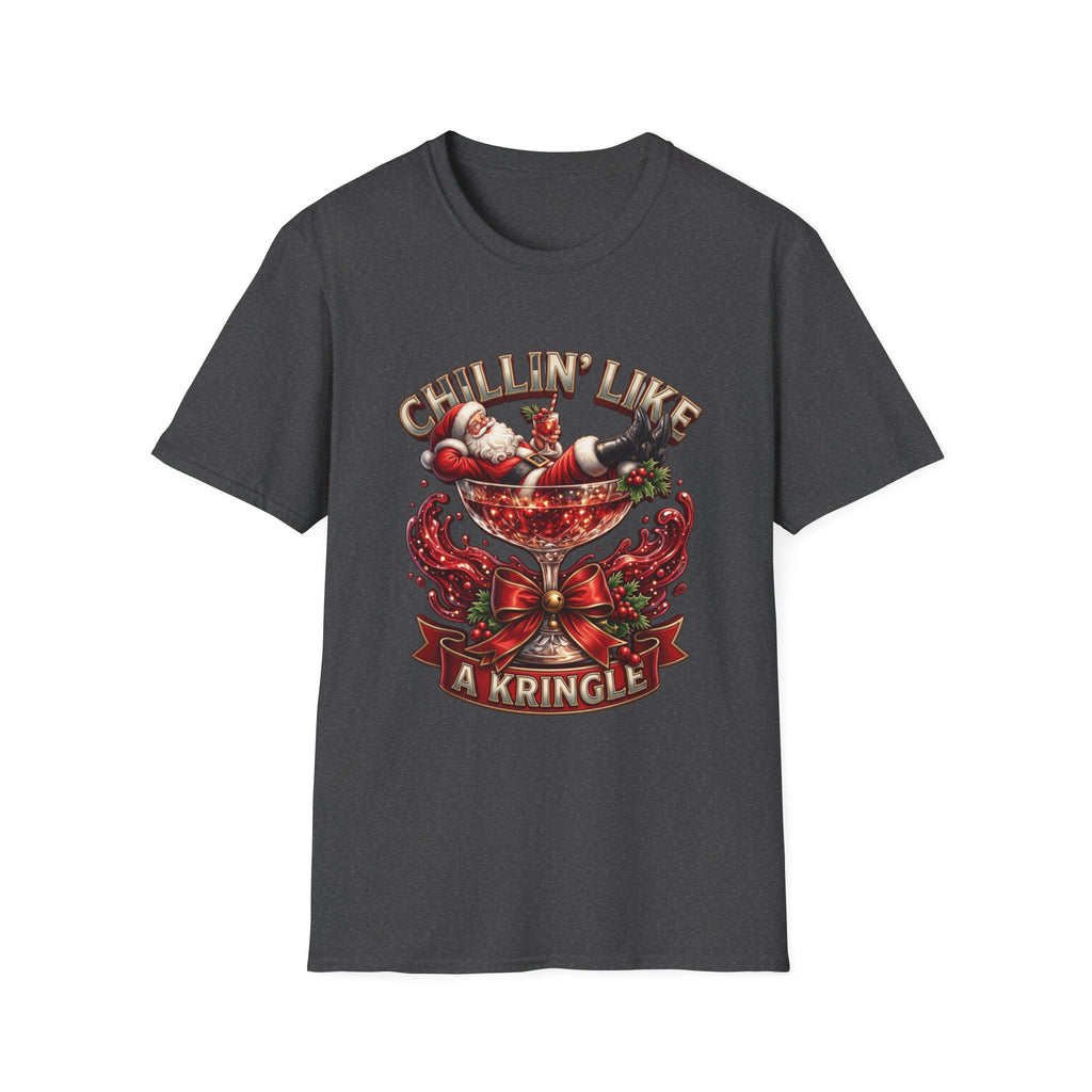 Chillin' Like a Kringle Santa print on the front of a Dark Heather t-shirt, laid flat on white