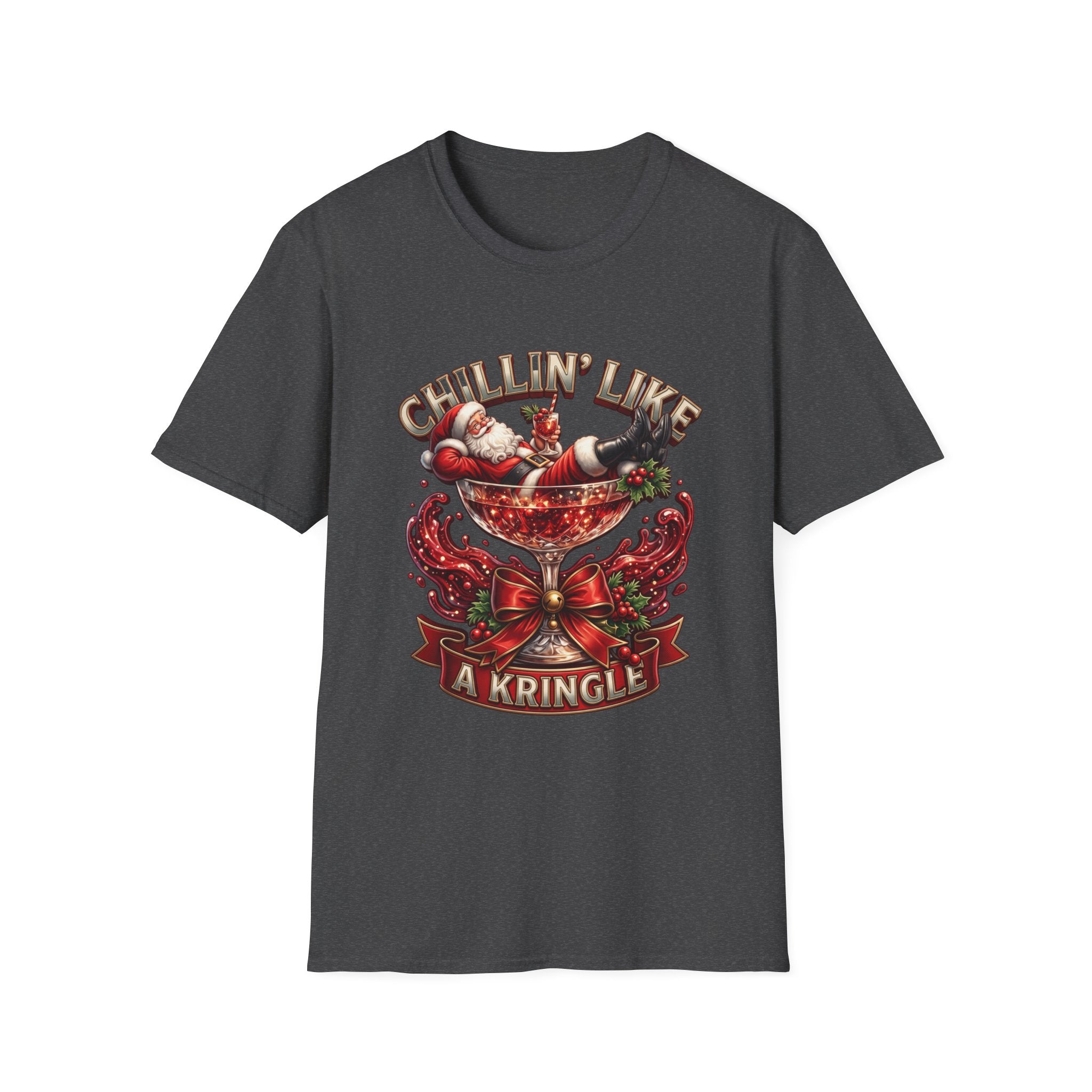 Chillin' Like a Kringle Santa print on the front of a Dark Heather t-shirt, laid flat on white