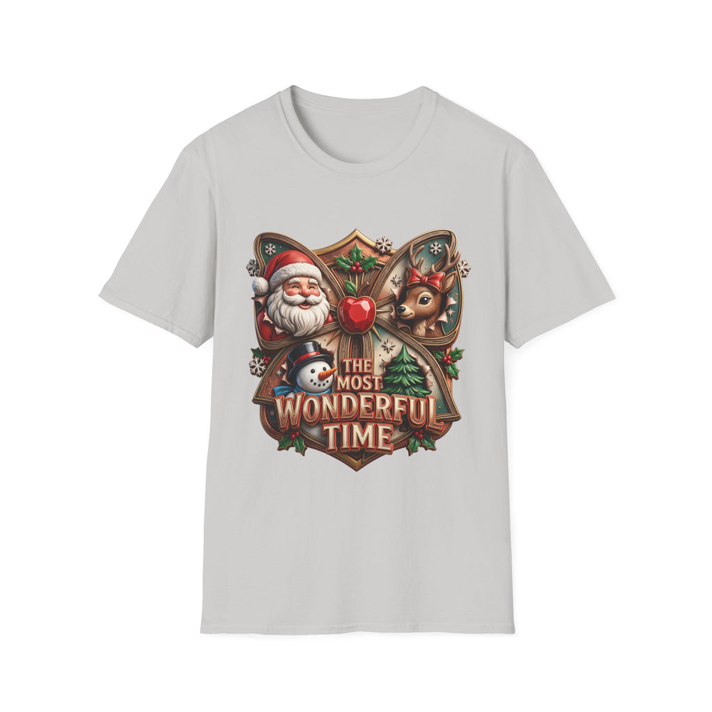 The Most Wonderful Time Wood Crest Santa print on the front of an Ice Grey t-shirt, laid flat on white