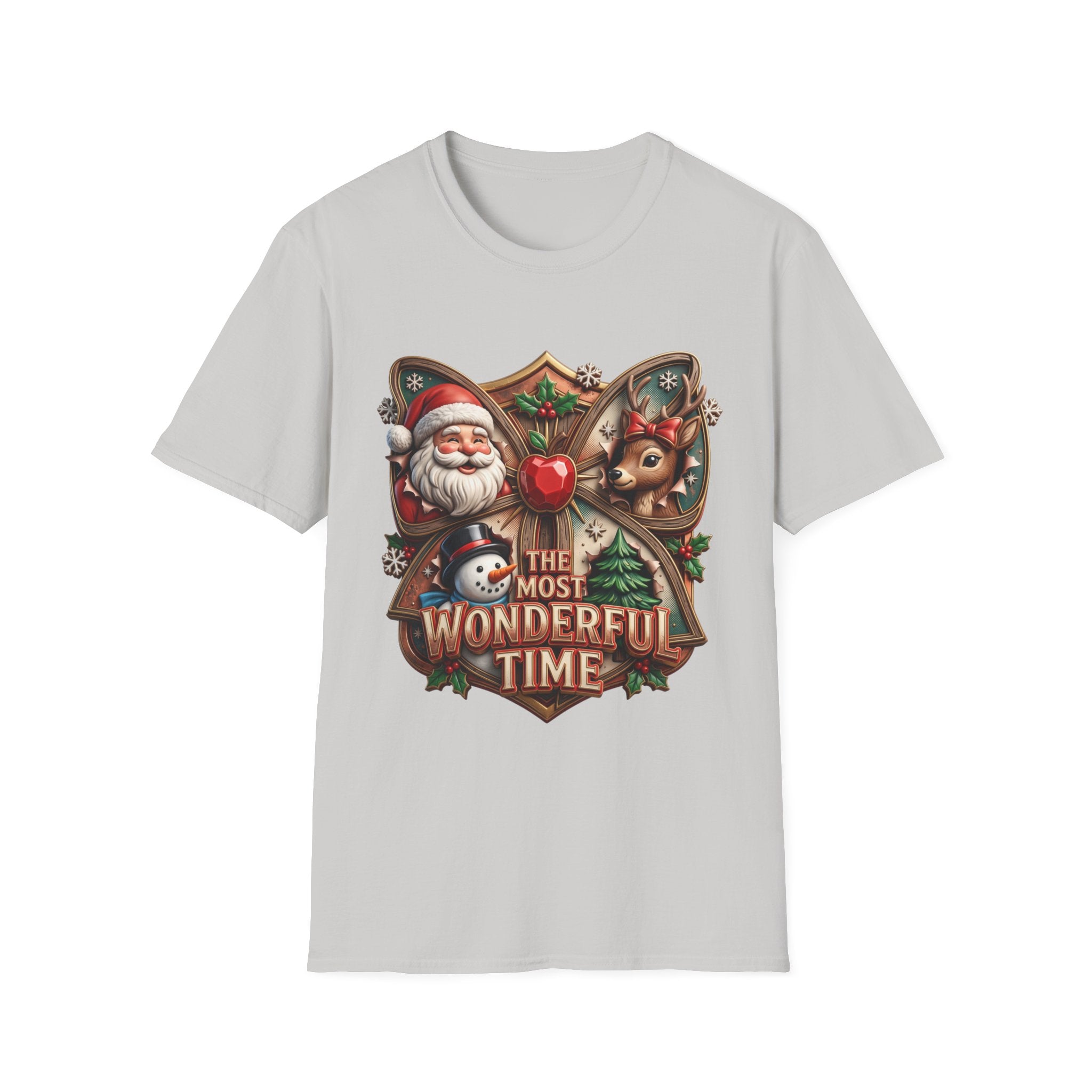 The Most Wonderful Time Wood Crest Santa print on the front of an Ice Grey t-shirt, laid flat on white