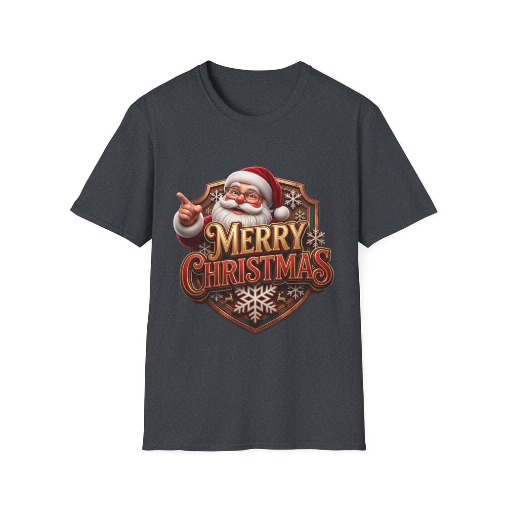 Vintage Santa Merry Christmas Badge print on the front of a Dark Heather Grey t-shirt, laid flat on white