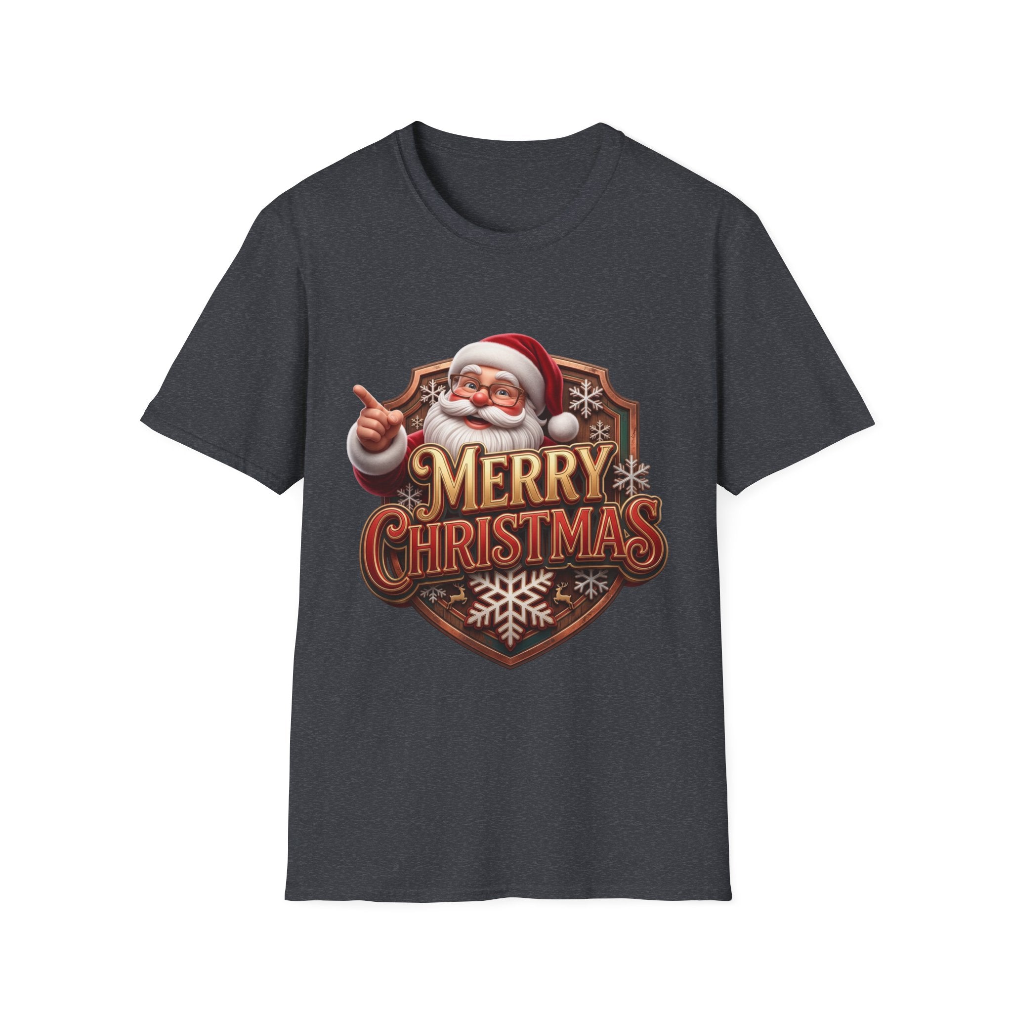Vintage Santa Merry Christmas Badge print on the front of a Dark Heather Grey t-shirt, laid flat on white