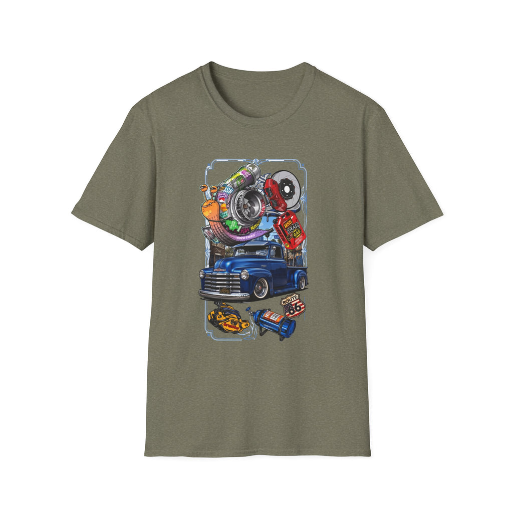 Turbocharged Snail Gearhead Car Parts print on the front of a Heather Military Green t-shirt, laid flat on white