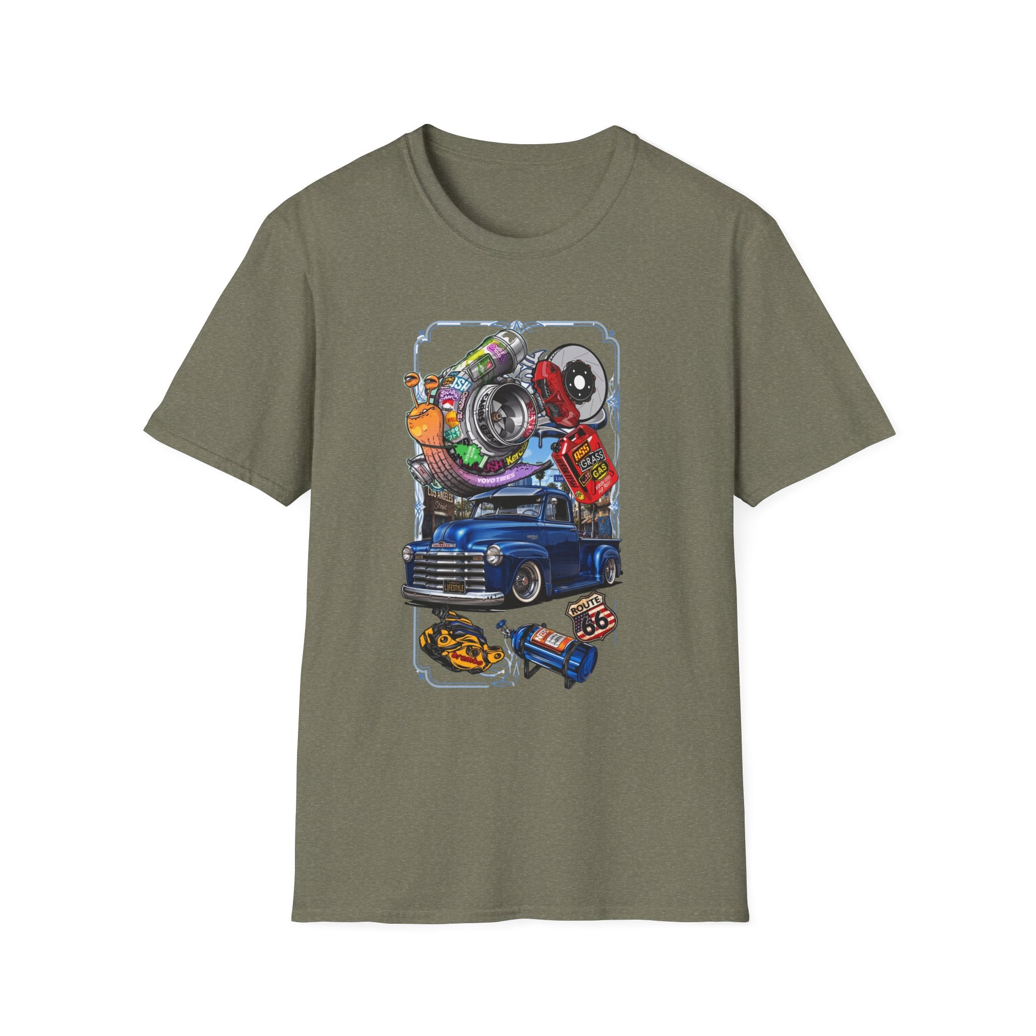 Turbocharged Snail Gearhead Car Parts print on the front of a Heather Military Green t-shirt, laid flat on white