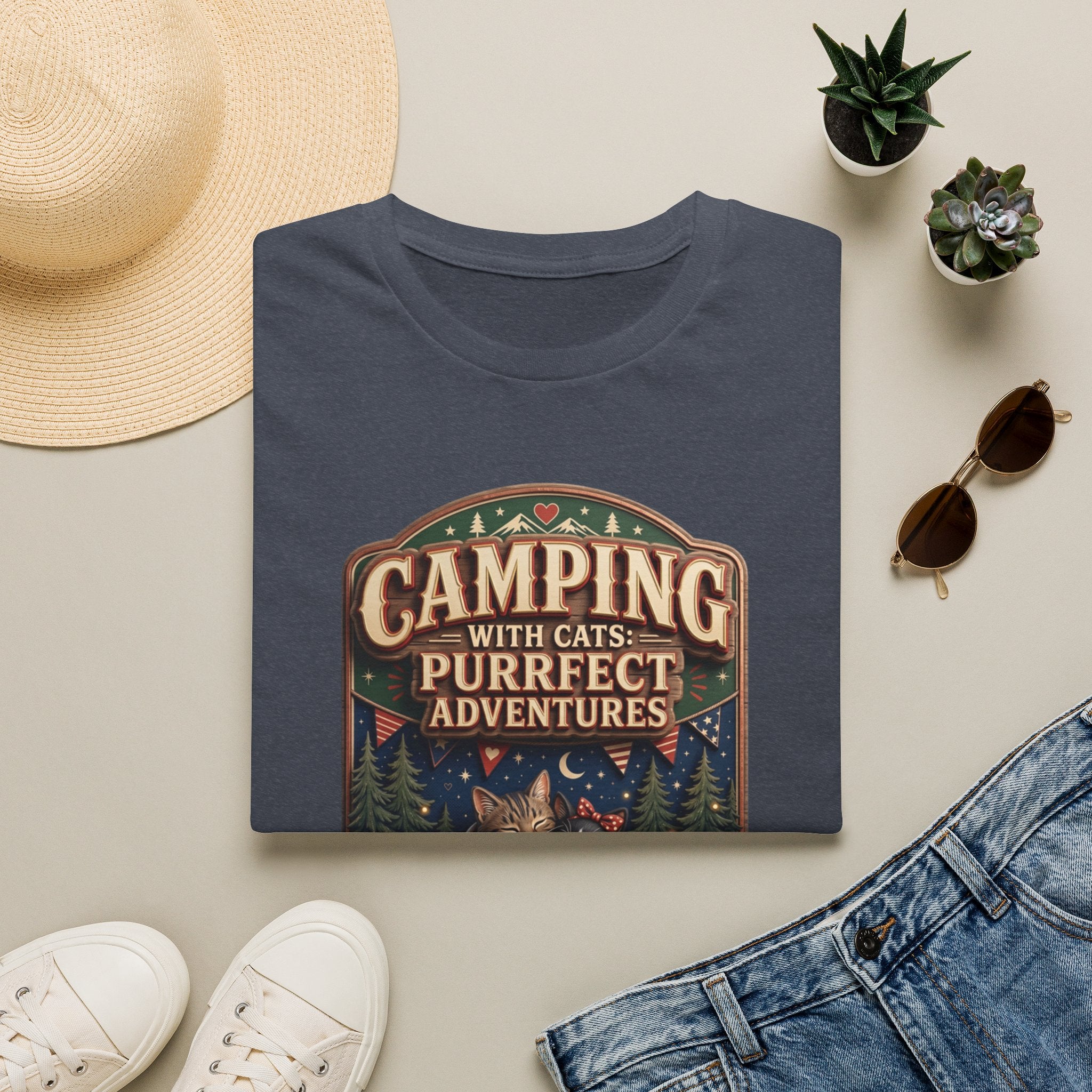 Camping With Cats Purrfect Adventures print on a Heather Navy t-shirt, folded beside a straw hat and jeans