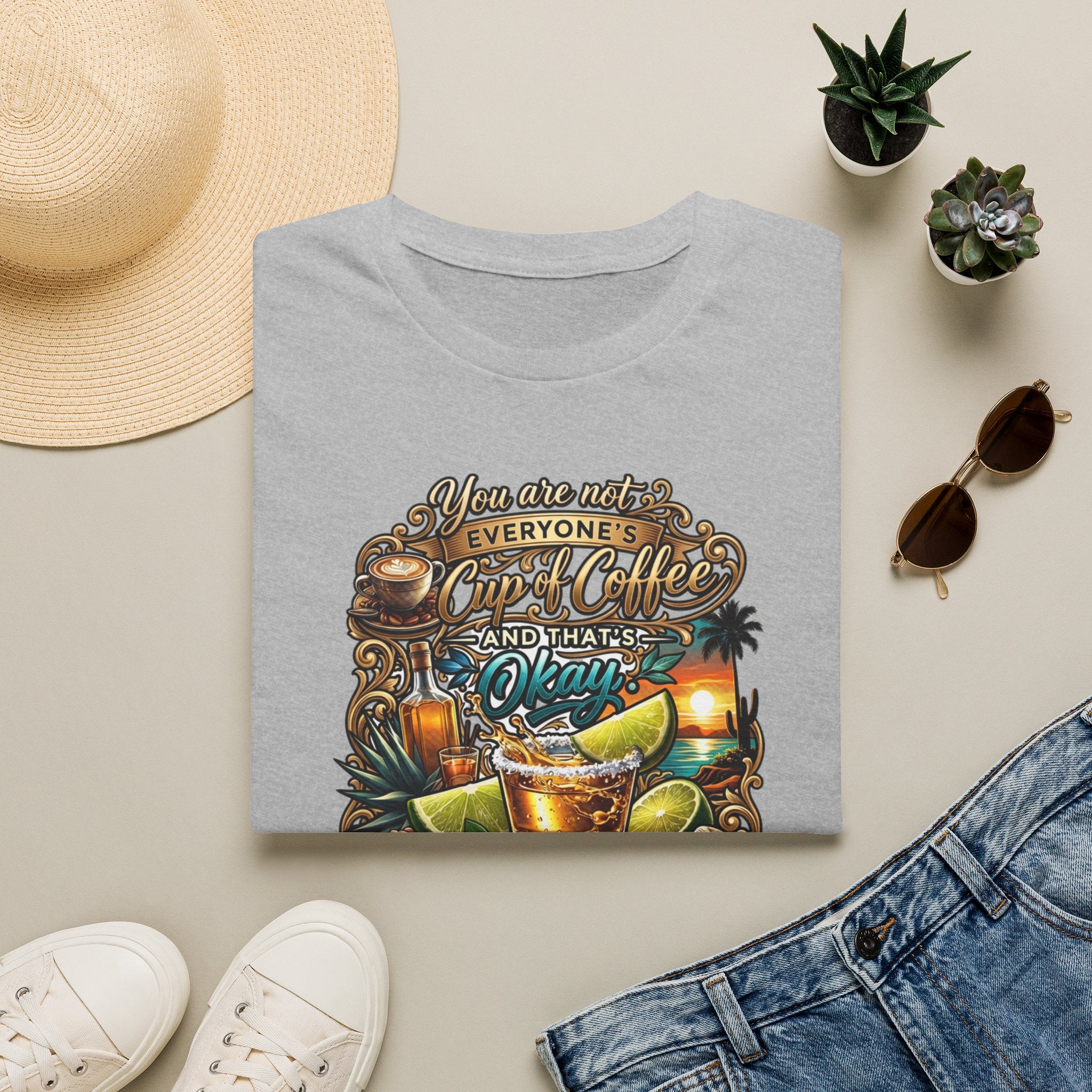 Not Everyone's Cup of Coffee You're Tequila print on a Sport Grey t-shirt, folded beside a straw hat and jeans