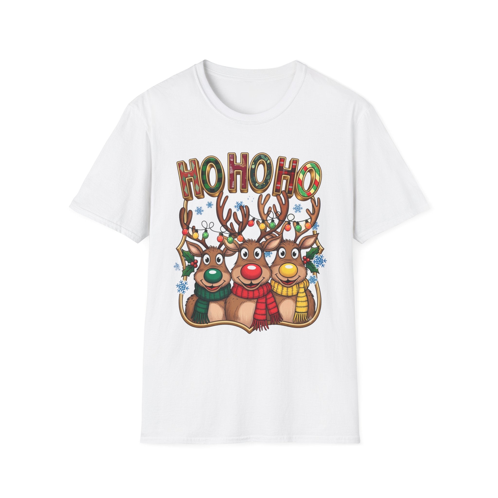 Reindeer Trio Ho Ho Ho Christmas Lights print on the front of a White t-shirt, laid flat on white