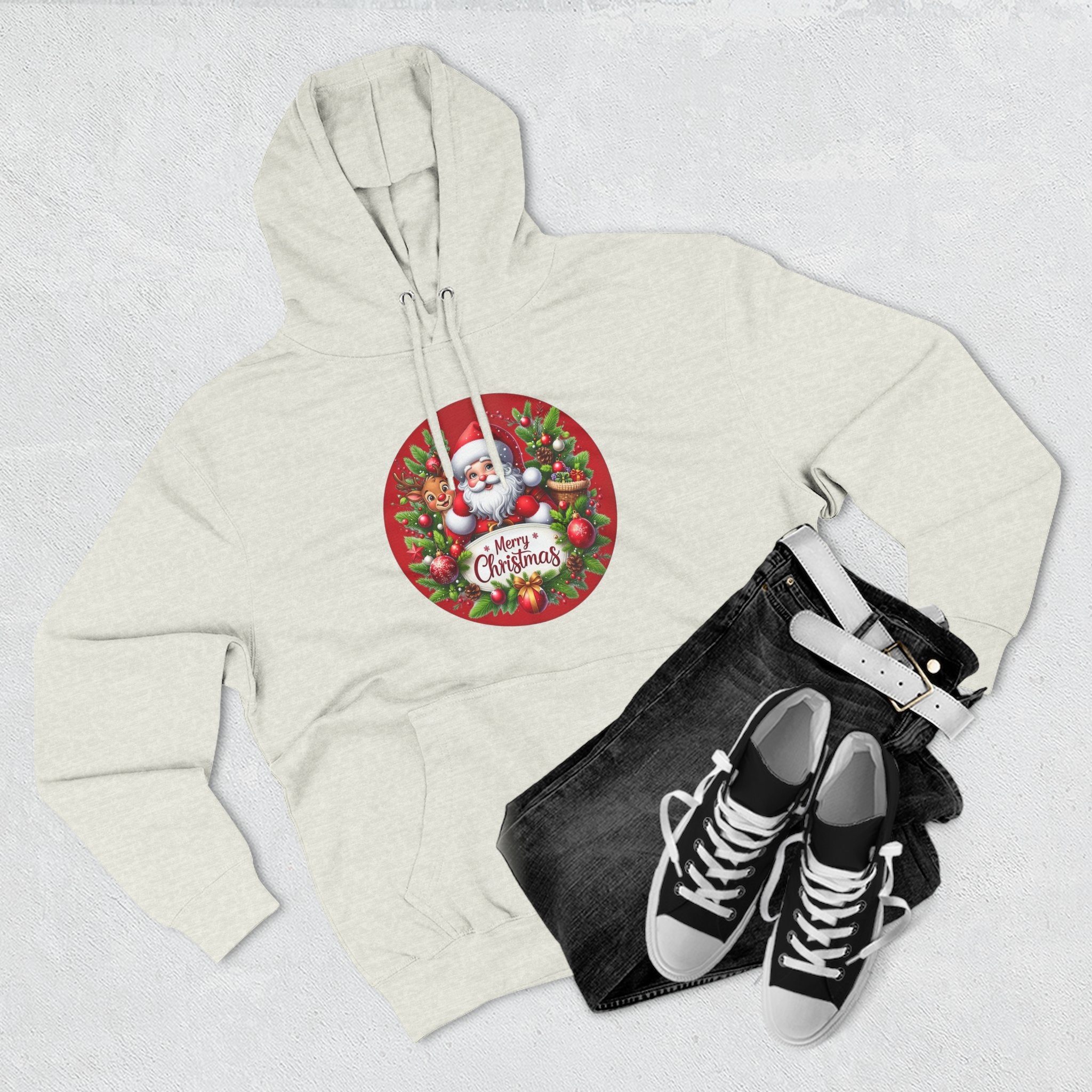 Santa & Reindeer Merry Christmas Wreath Hoodie