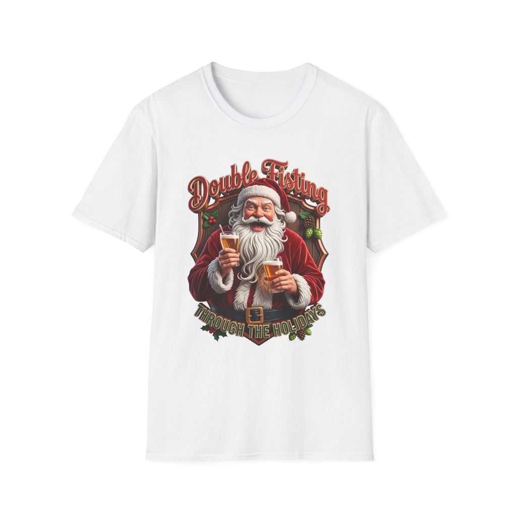 Santa Beer in Each Hand Funny print on the front of a White t-shirt, laid flat on white