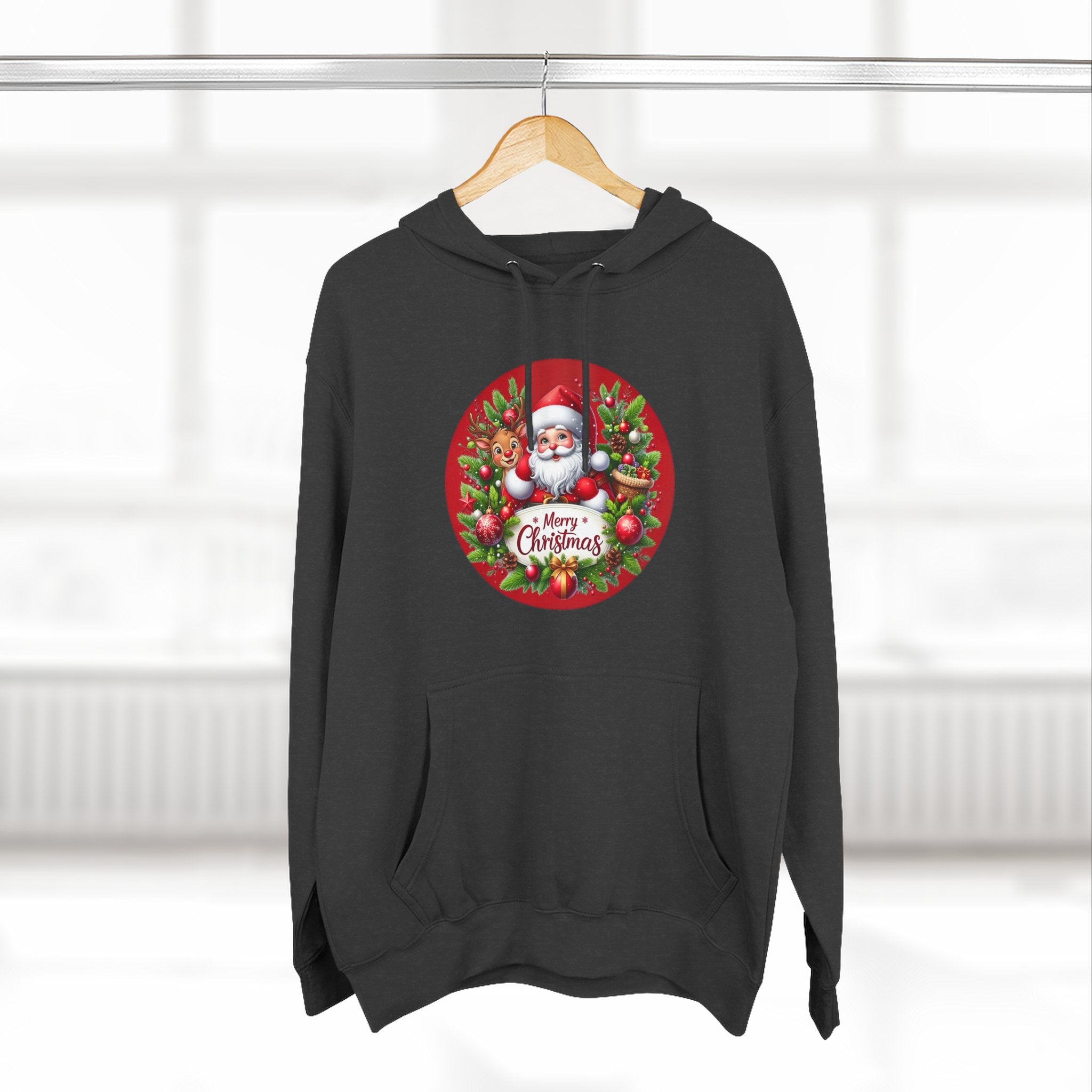 Santa & Reindeer Merry Christmas Wreath Hoodie