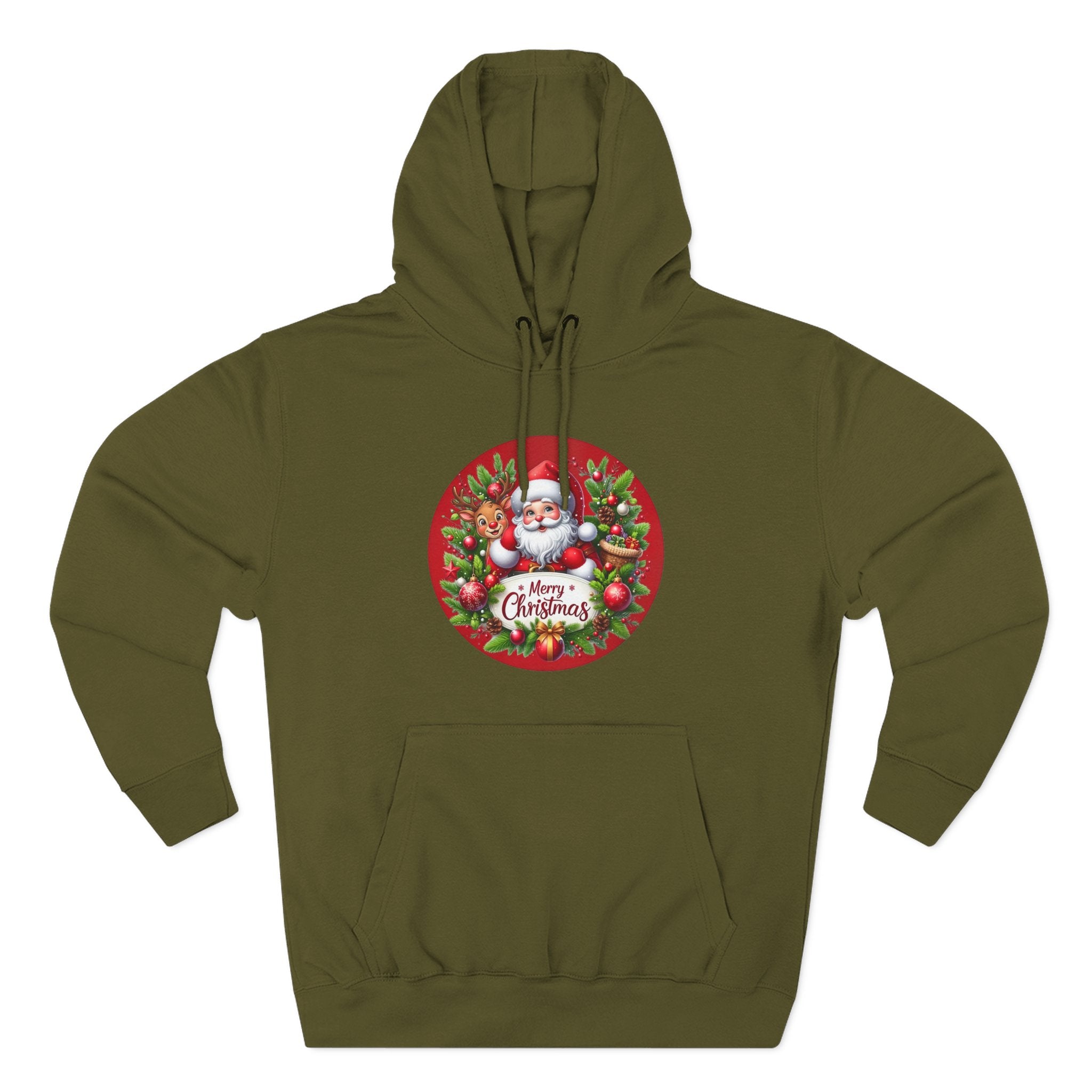 Santa & Reindeer Merry Christmas Wreath Hoodie, shown in Army Green