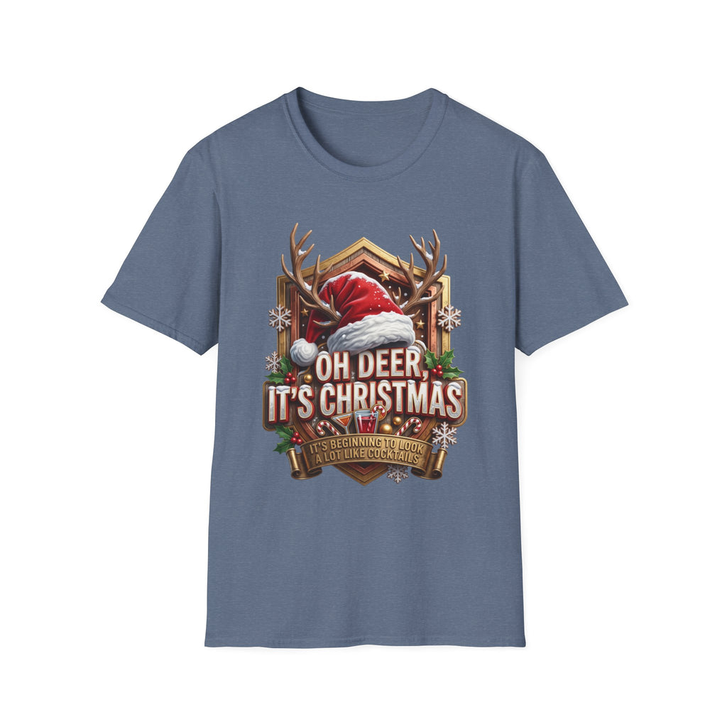 Oh Deer It's Christmas Looks a Lot Like Cocktails print on the front of a Heather Indigo t-shirt, laid flat on white