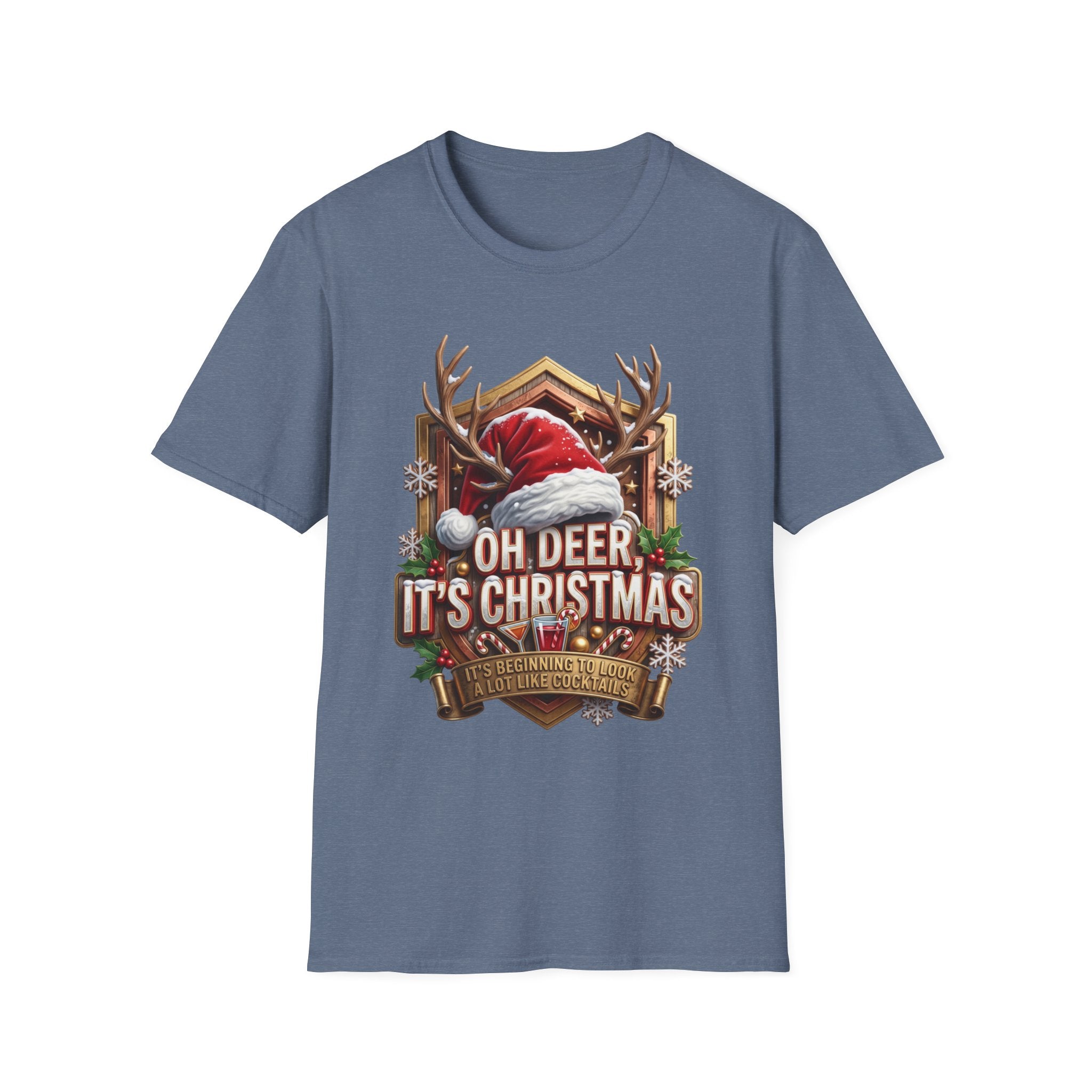 Oh Deer It's Christmas Looks a Lot Like Cocktails print on the front of a Heather Indigo t-shirt, laid flat on white