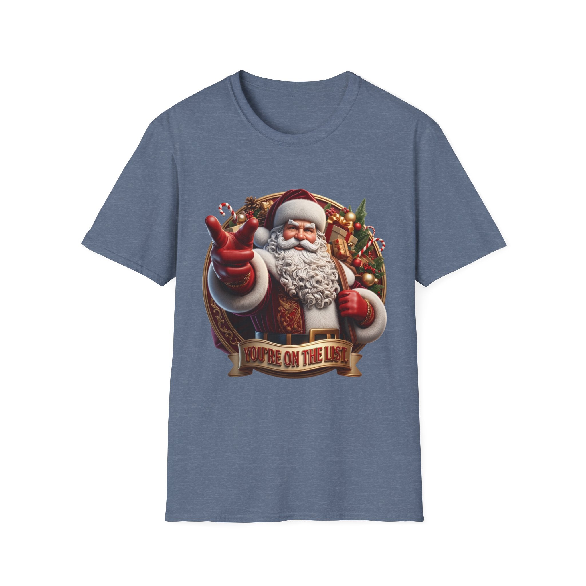 Santa You're On The List Pointing print on the front of a Heather Indigo t-shirt, laid flat on white