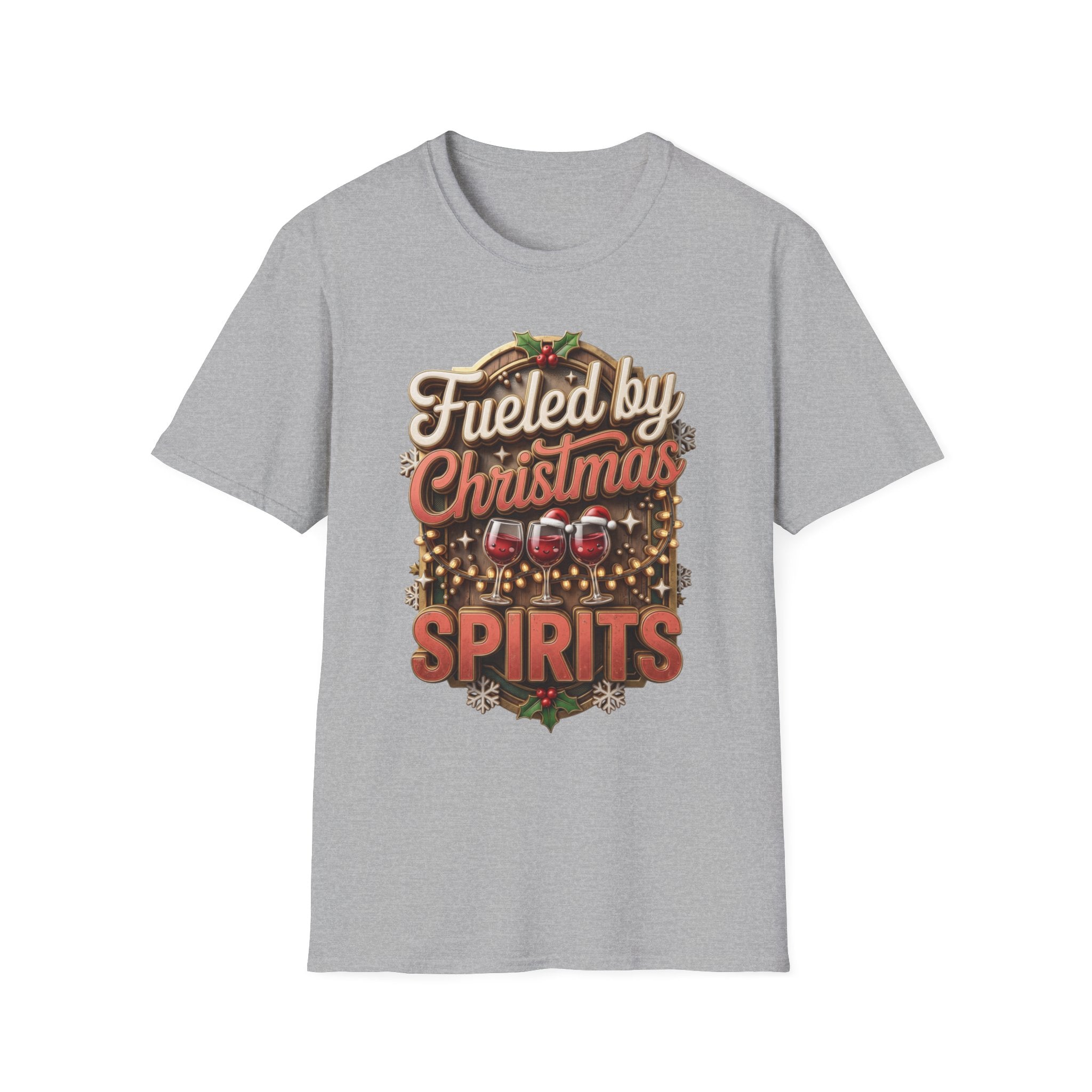 Fueled by Christmas Spirits Wine print on the front of a Sport Grey t-shirt, laid flat on white