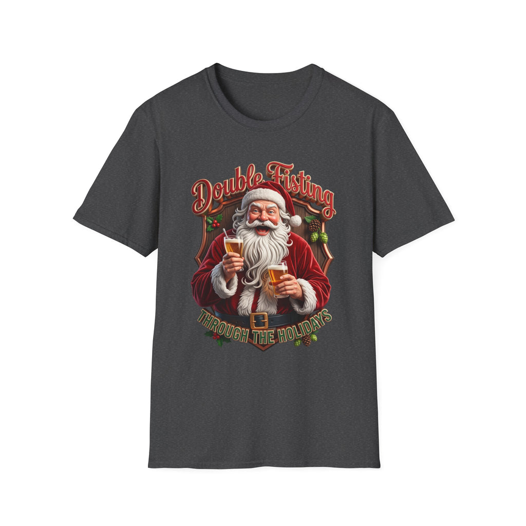Santa Beer in Each Hand Funny print on the front of a Dark Heather t-shirt, laid flat on white