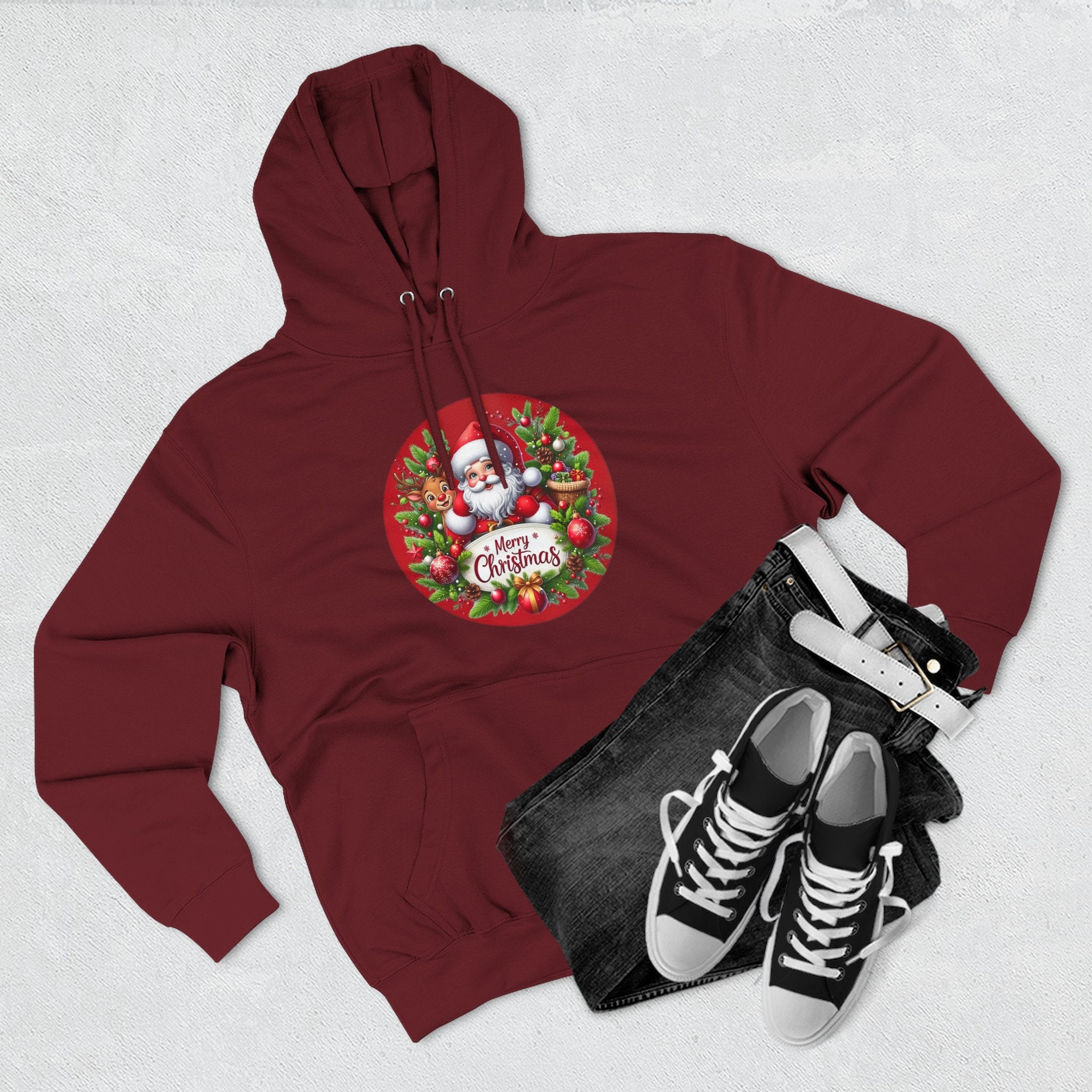 Santa & Reindeer Merry Christmas Wreath Hoodie