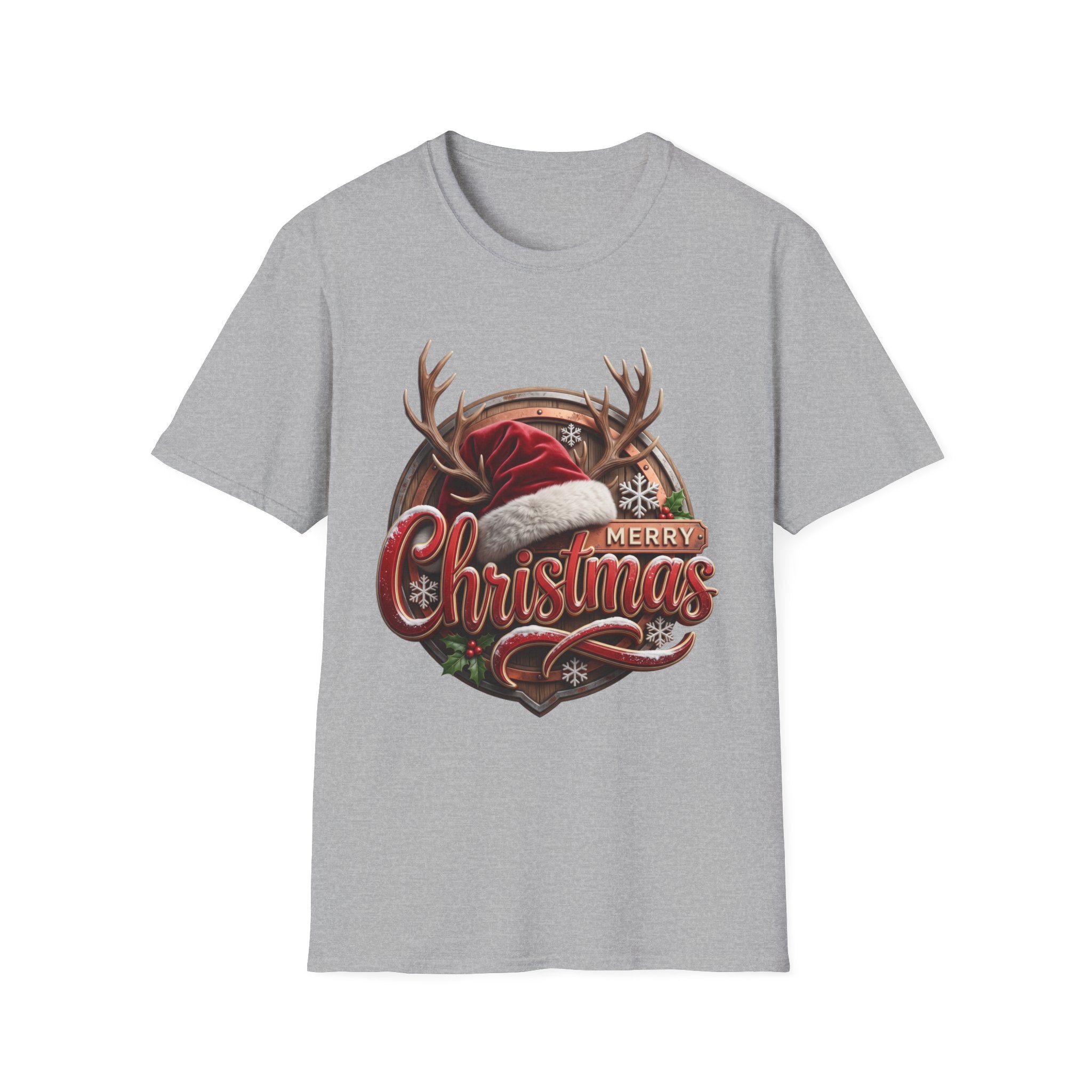 Merry Christmas Vintage Santa Hat & Antlers print on the front of a Sport Grey t-shirt, laid flat on white