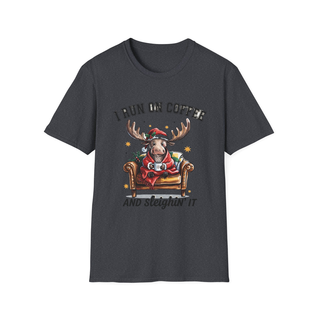 Moose I Run On Coffee and Sleighin' It print on the front of a Dark Heather Grey t-shirt, laid flat on white