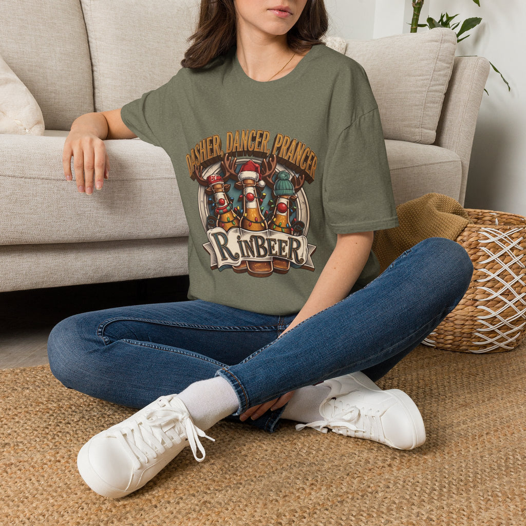 Dasher Dancer Prancer Reinbeer Christmas Beer t-shirt in Heather Military Green, worn by a woman seated on a rug