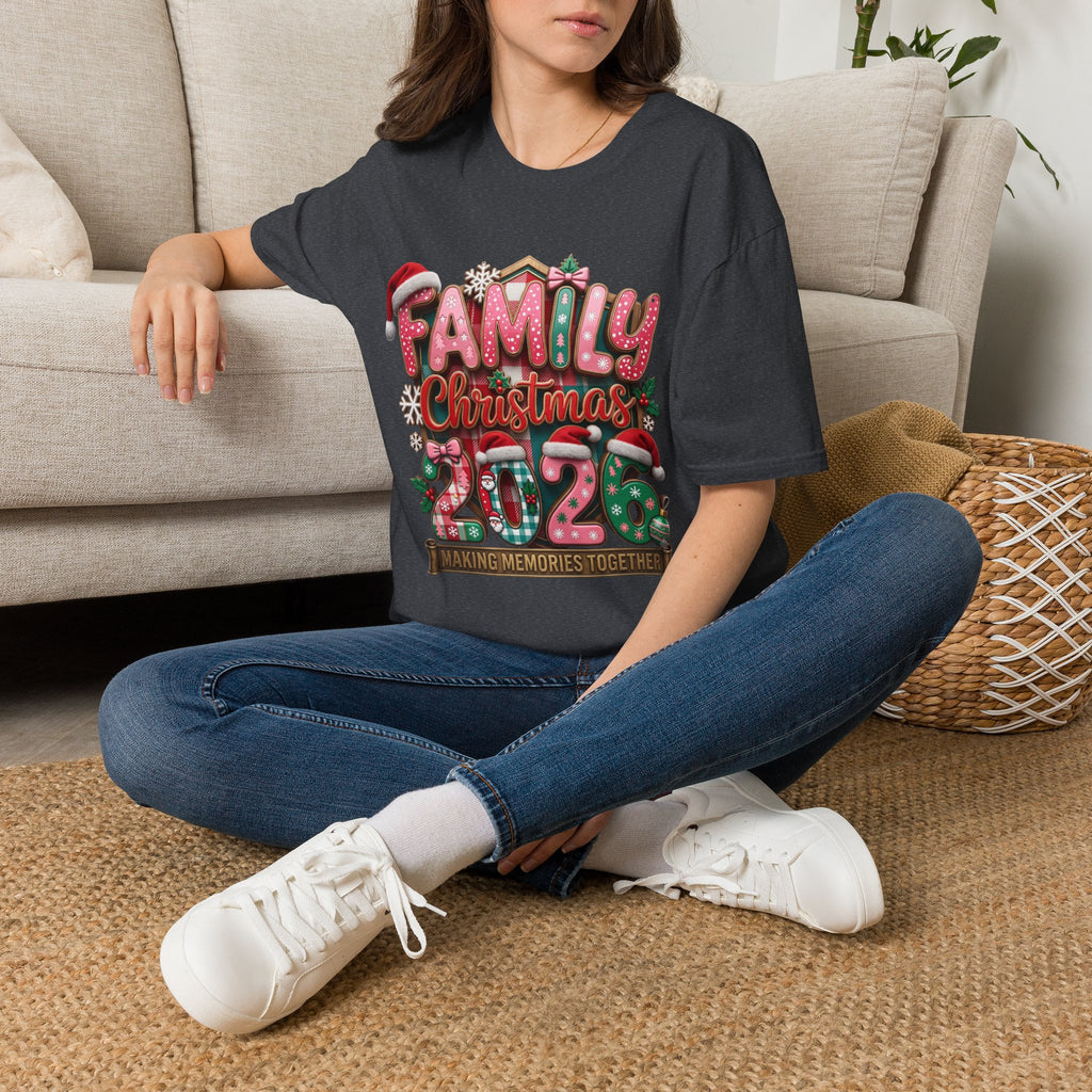 Family Christmas 2026 Making Memories Together t-shirt in Dark Heather Grey, worn by a woman seated on a rug