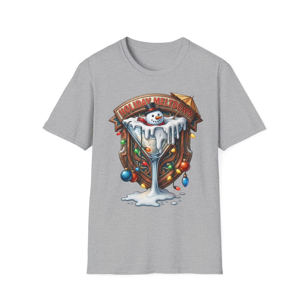 Holiday Meltdown Snowman Martini print on the front of a Sport Grey t-shirt, laid flat on white