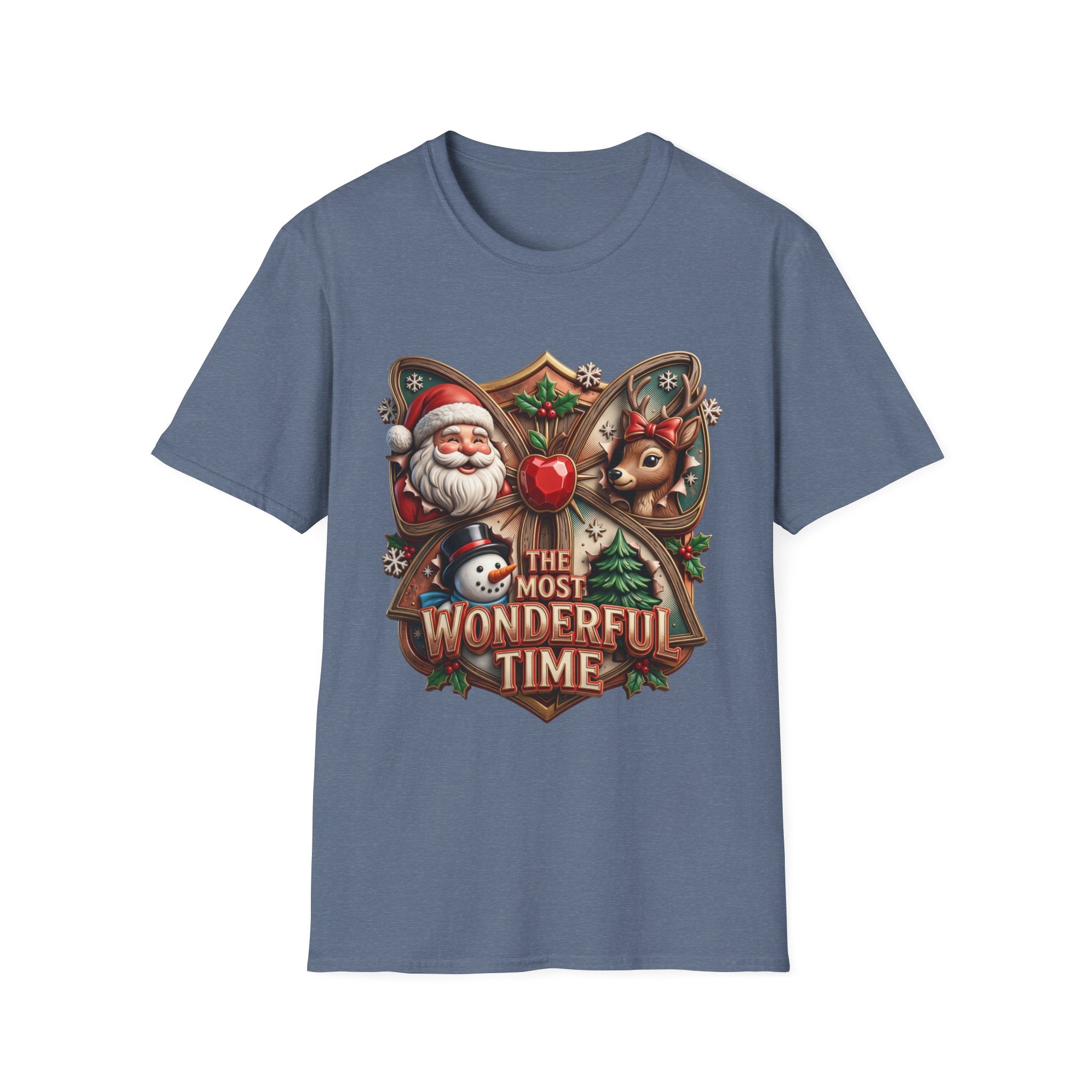 The Most Wonderful Time Wood Crest Santa print on the front of a Heather Indigo t-shirt, laid flat on white