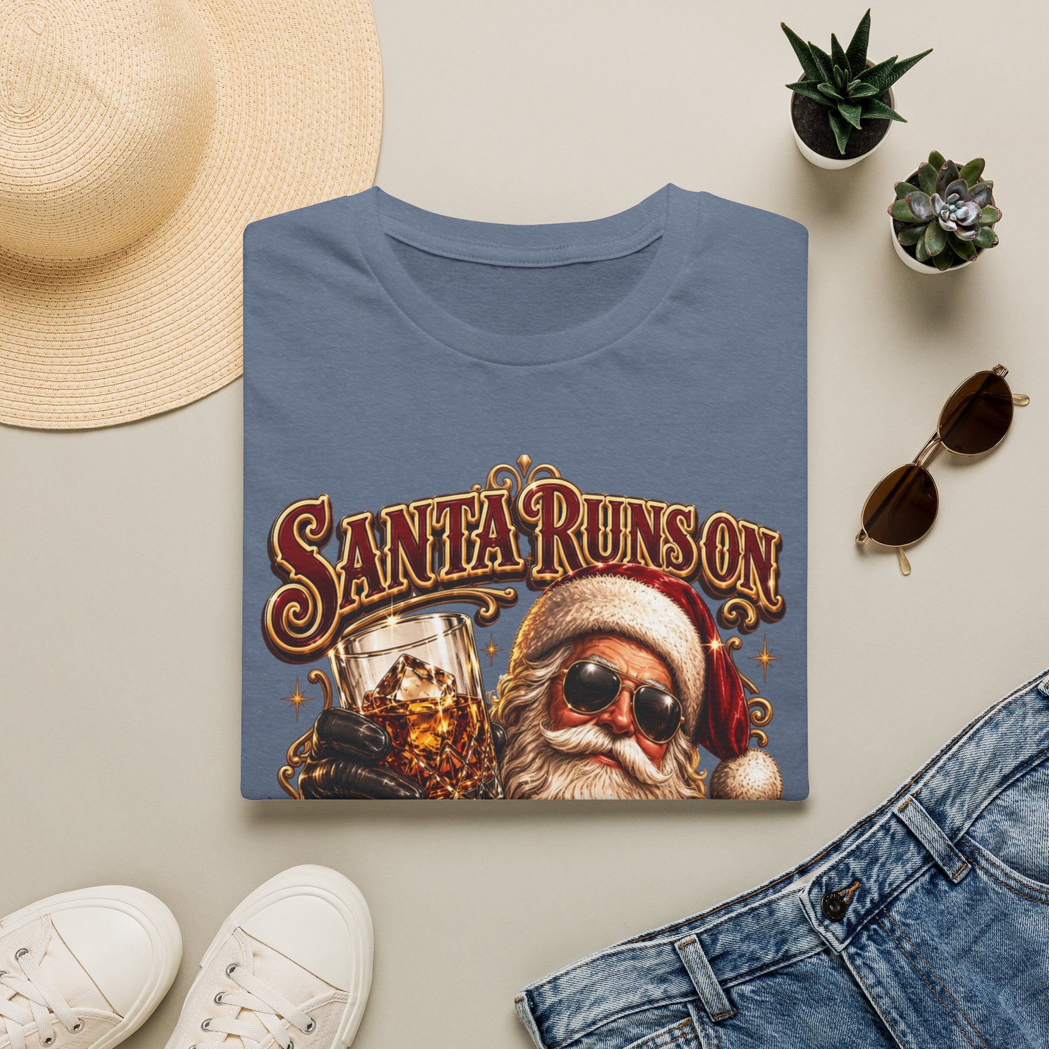 Santa Runs on Bourbon Vintage Whiskey print on a Heather Indigo t-shirt, folded beside a straw hat and jeans