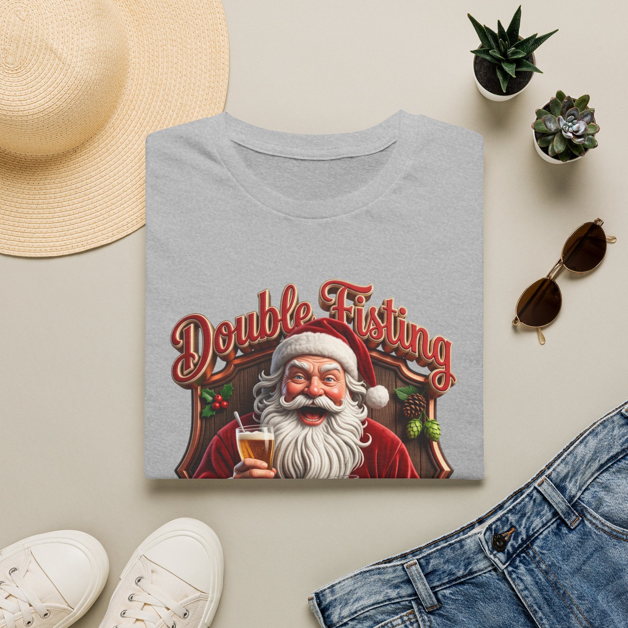 Santa Beer in Each Hand Funny print on a Sport Grey t-shirt, folded beside a straw hat and jeans