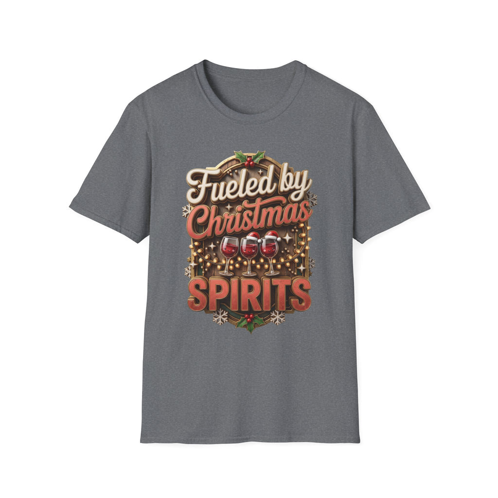 Fueled by Christmas Spirits Wine print on the front of a Graphite Heather t-shirt, laid flat on white