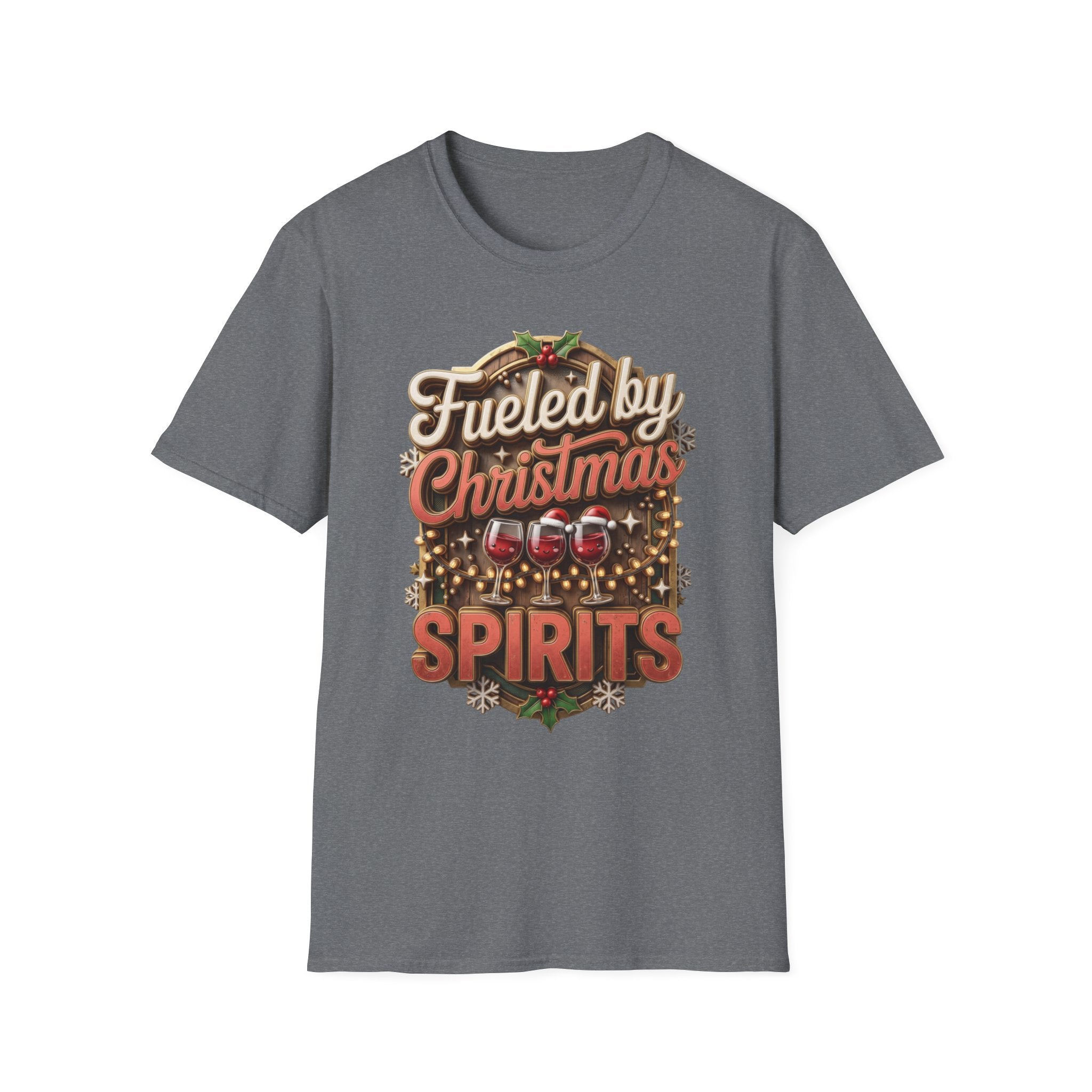 Fueled by Christmas Spirits Wine print on the front of a Graphite Heather t-shirt, laid flat on white