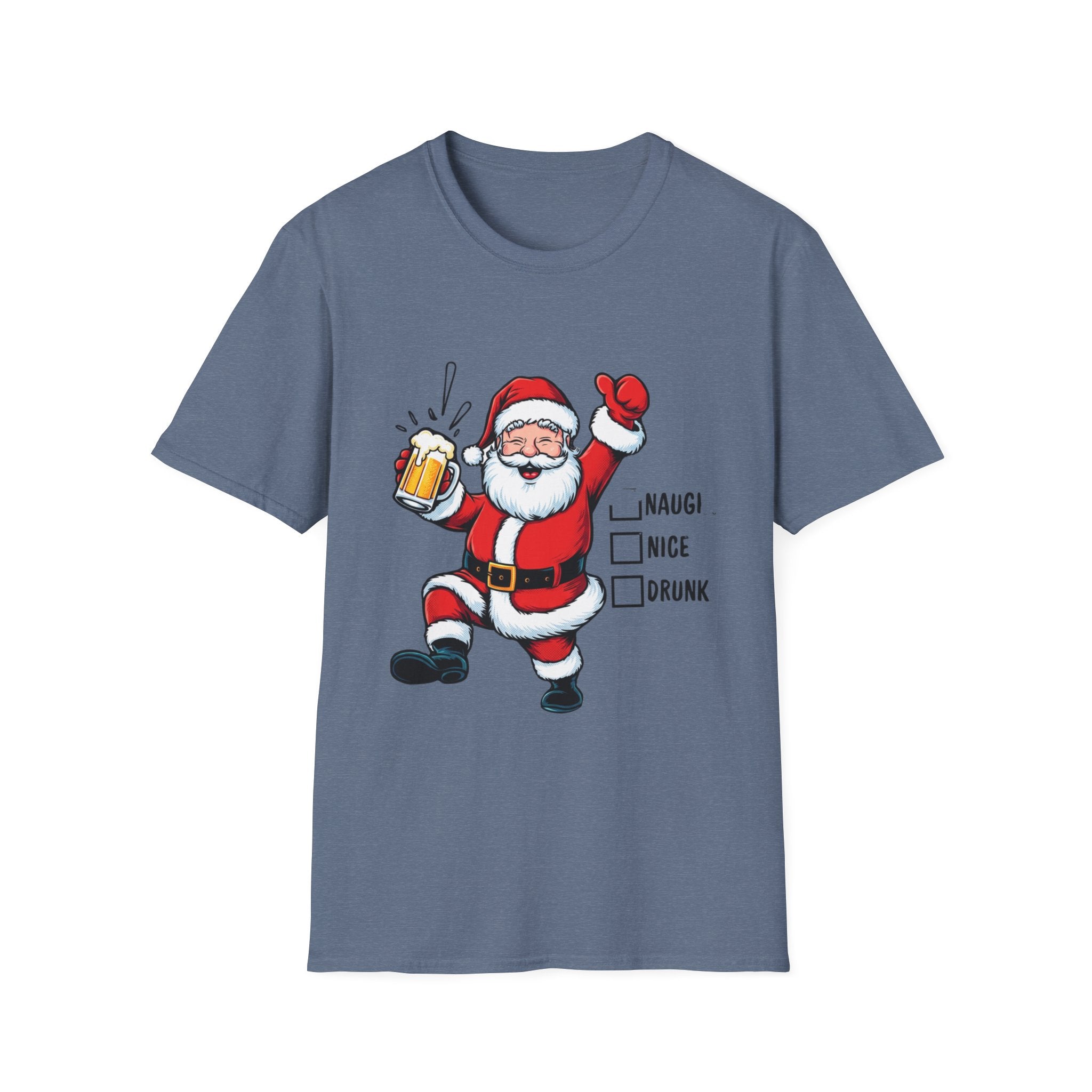 Naughty Nice Drunk Santa Beer Checklist print on the front of a Heather Indigo t-shirt, laid flat on white