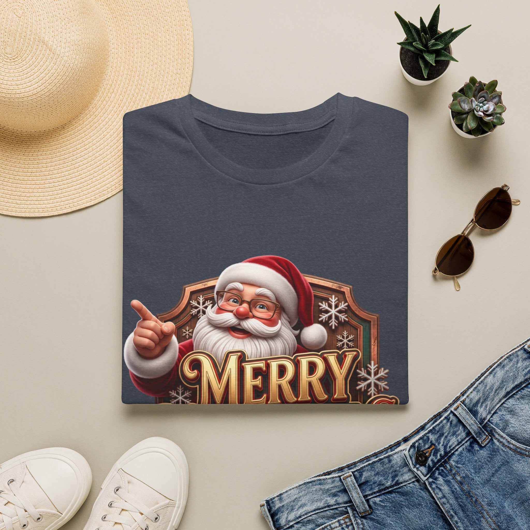Vintage Santa Merry Christmas Badge print on a Heather Navy t-shirt, folded beside a straw hat and jeans