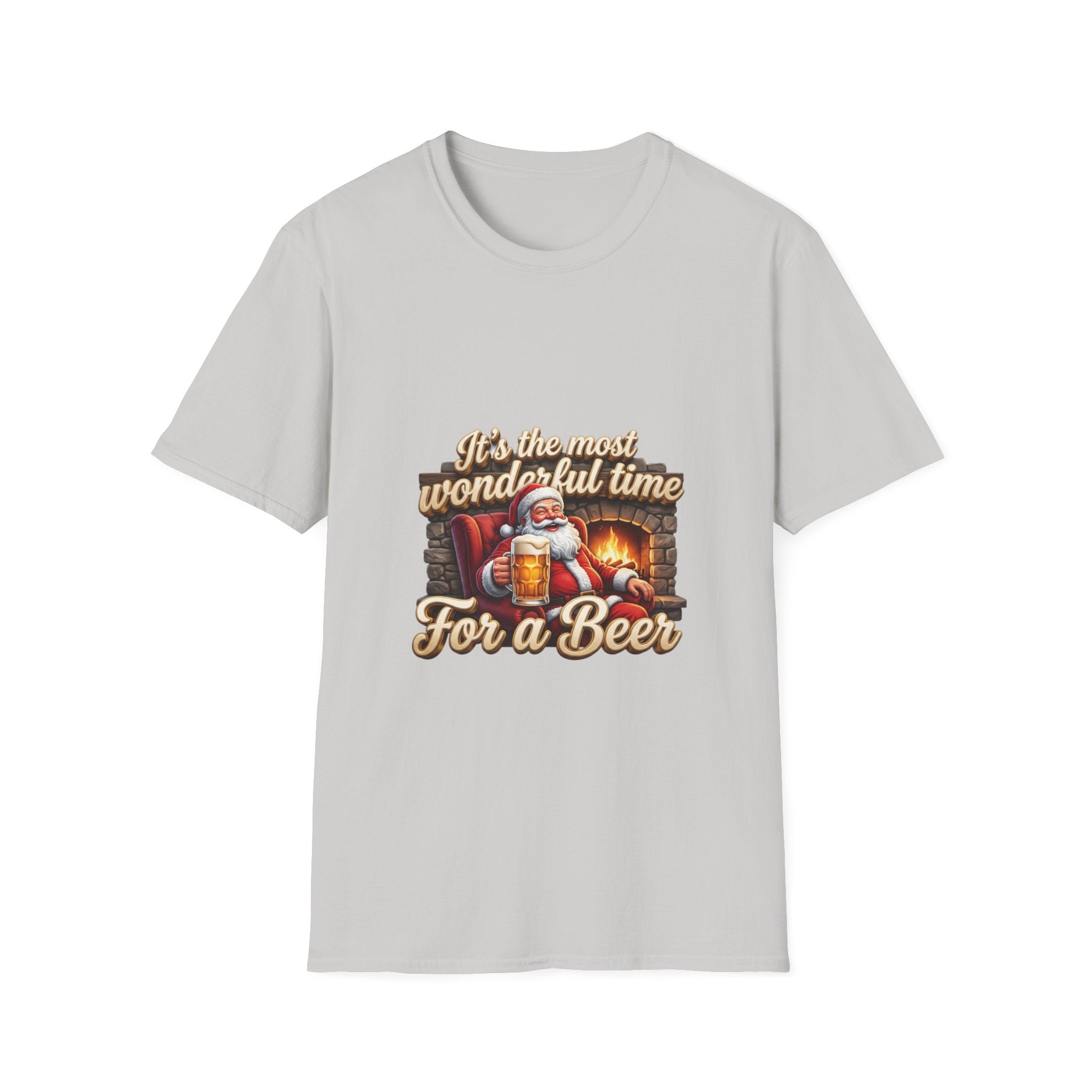 Most Wonderful Time for a Beer Santa print on the front of an Ice Grey t-shirt, laid flat on white